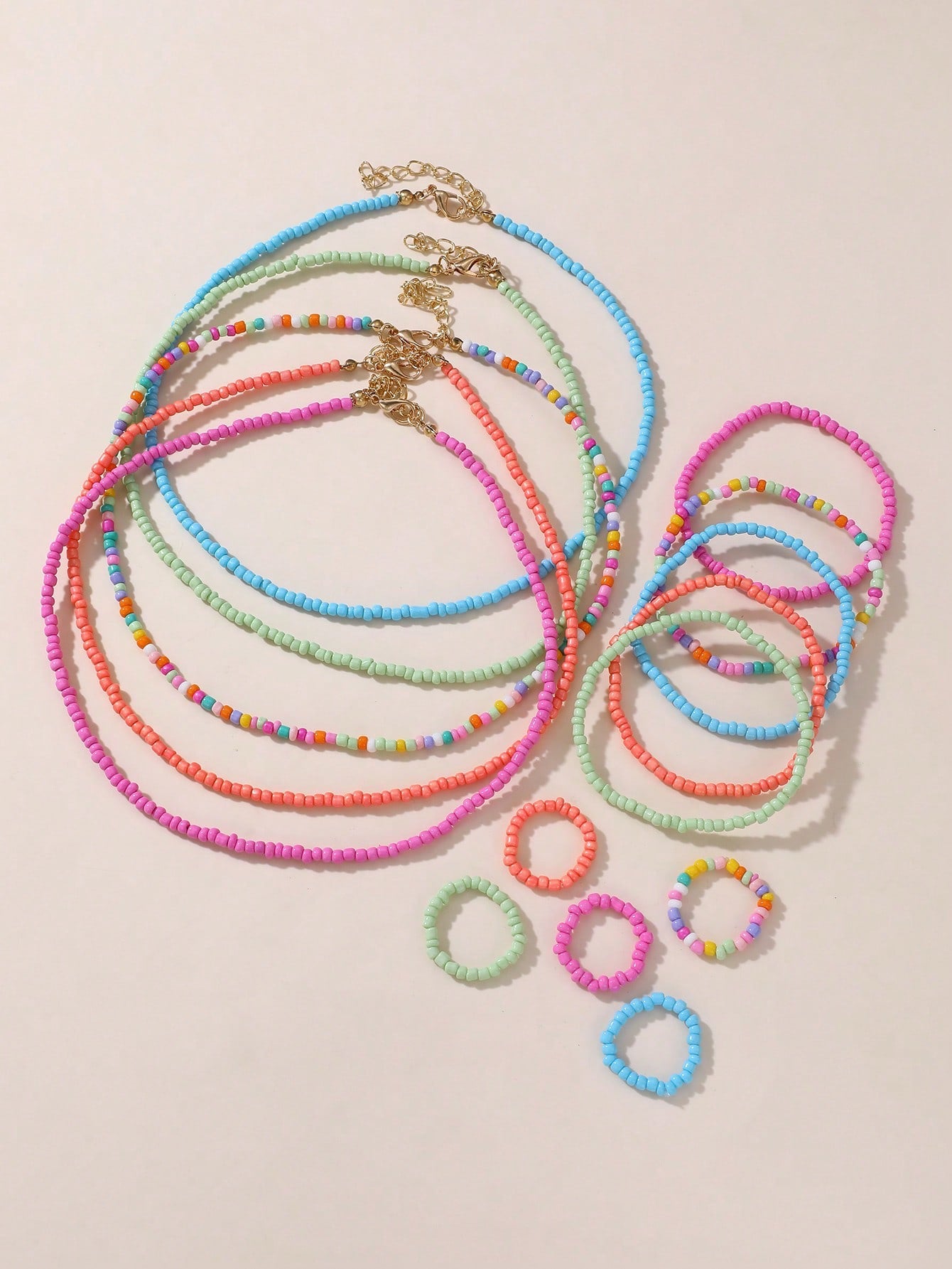 15pcs/Set Colorful Mixed Bead Necklace Bracelet Ring Jewelry Set (immediate)