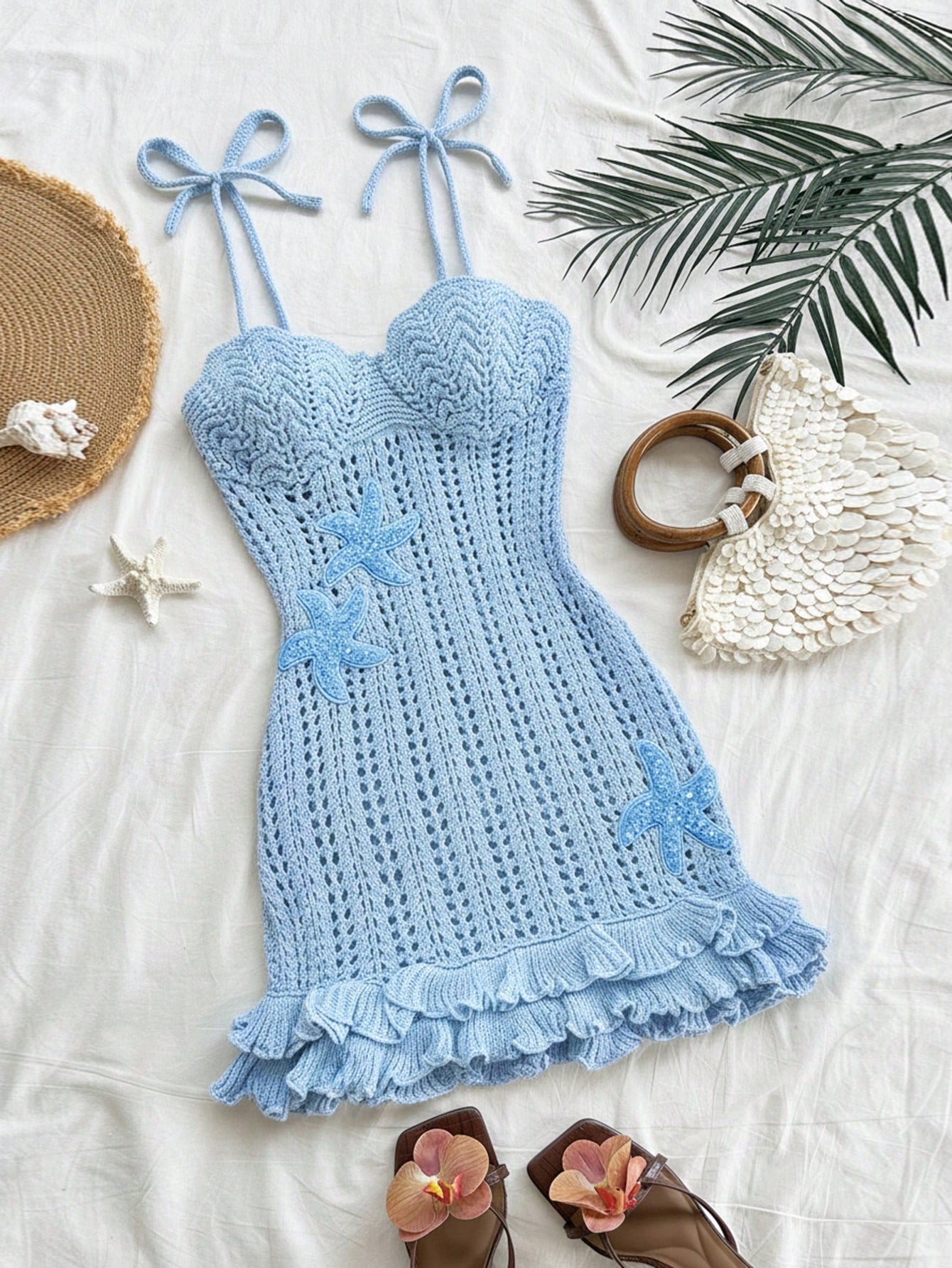 Women's Vacation Peach Starfish Decor Double Ruffle Halter Sweater Dress