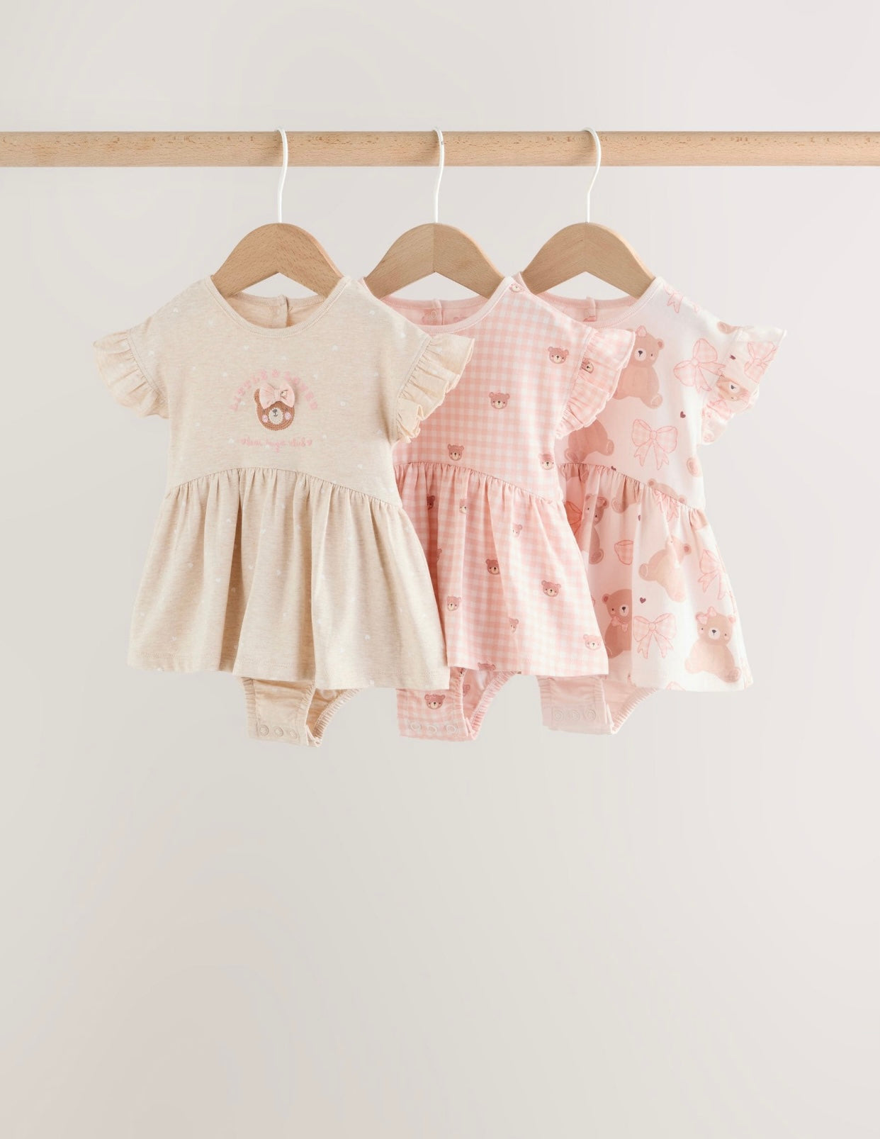 Pink Bear Embroidered Jersey Baby Rompers 3 Pack