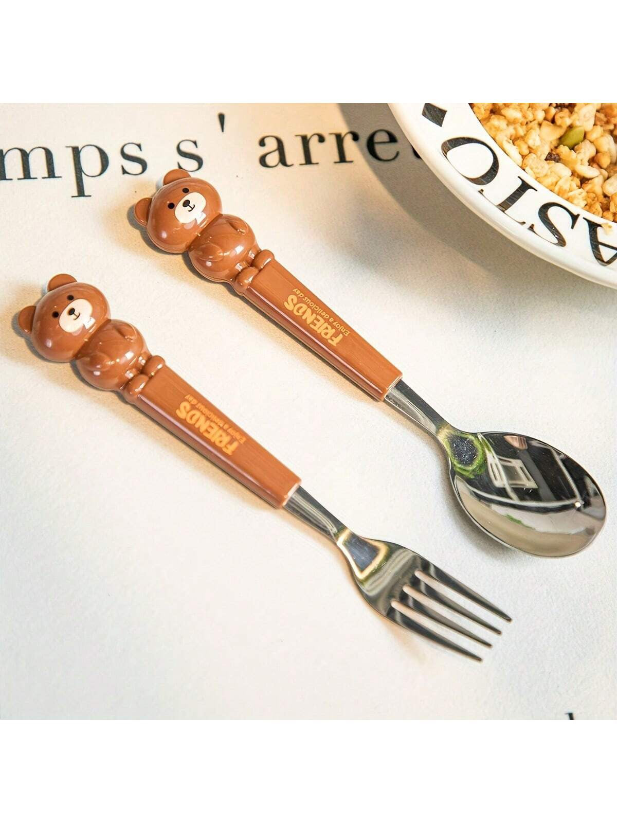 2pcs Bear Stainless Steel Spoon And Fork Set With Case (immediate)