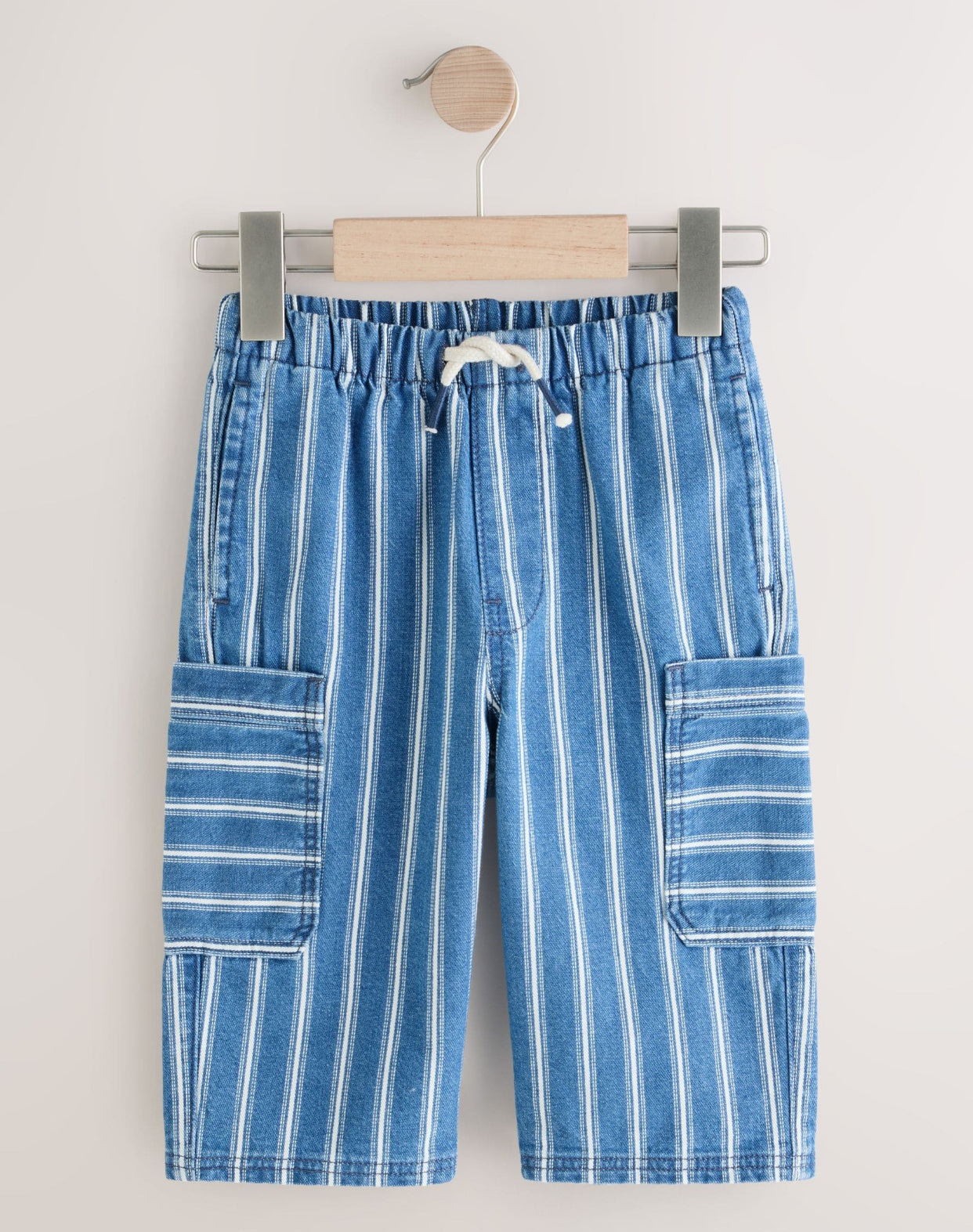 Mid Blue Stripe Wide Leg Pull On Cargo
100% Cotton Jeans