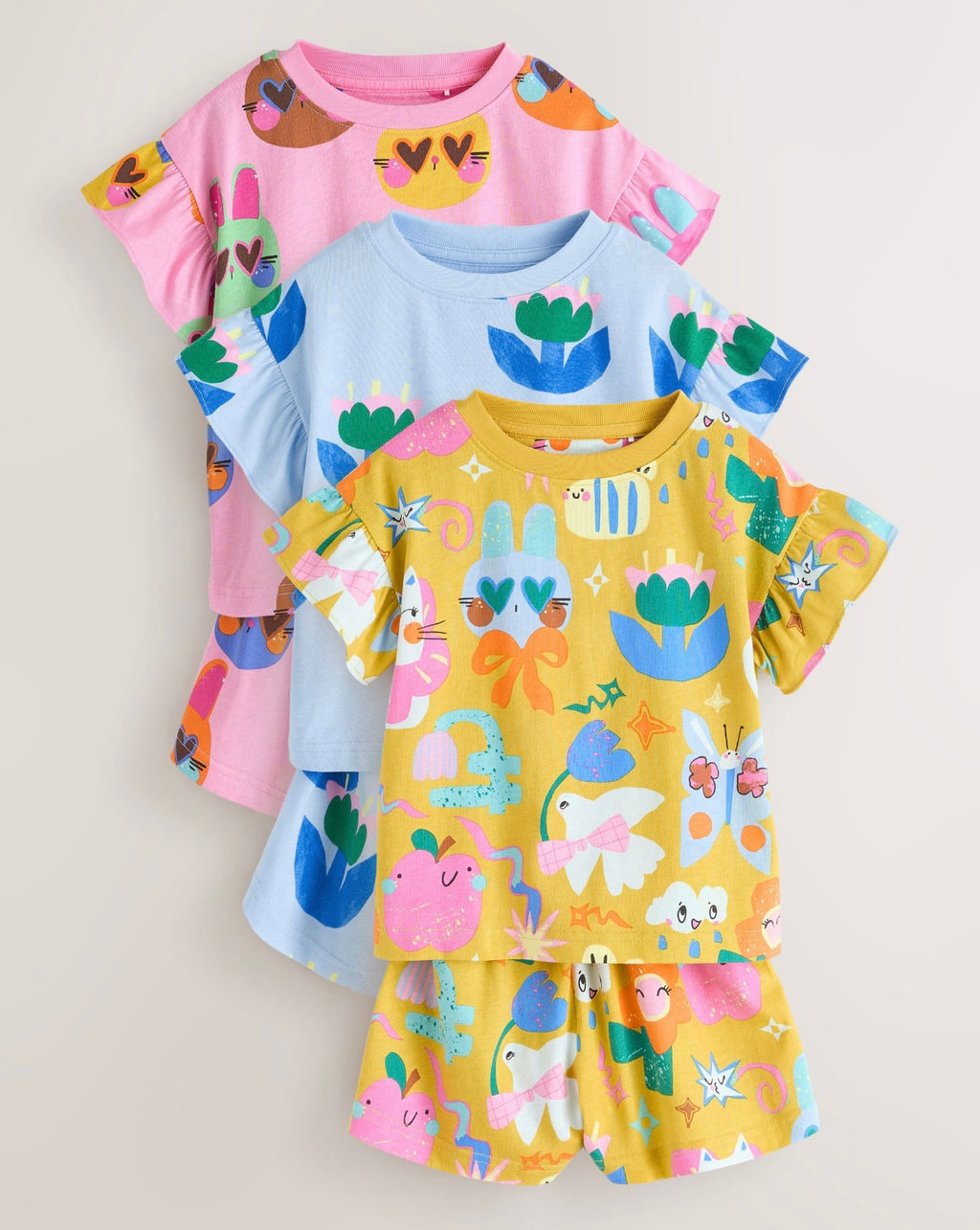Pink/Blue Cat/Floral Print Short
Pyjamas 3 Pack