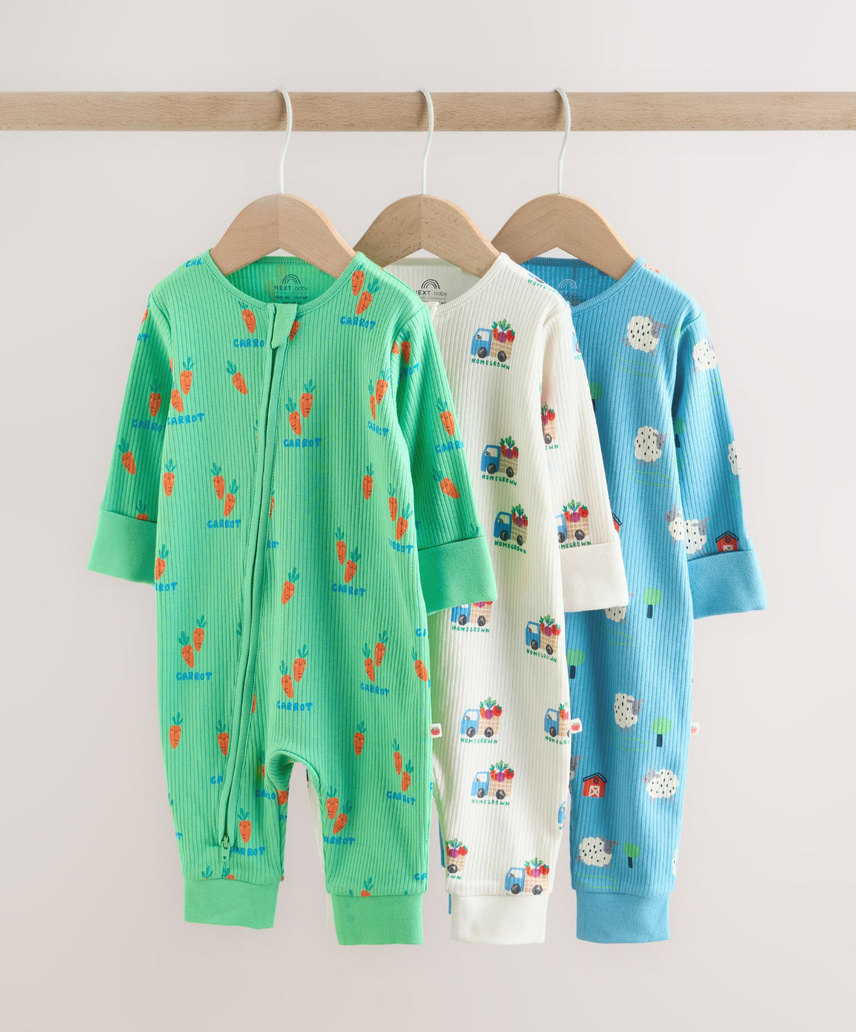 Blue/Green Two Way Zip Baby Sleepsuit 3 Pack