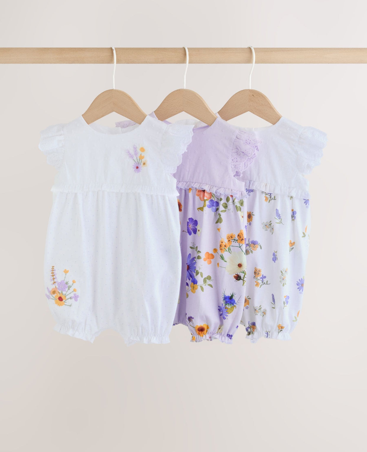 Purple and White Floral Broderie Broderie 3 Pack Baby Rompers