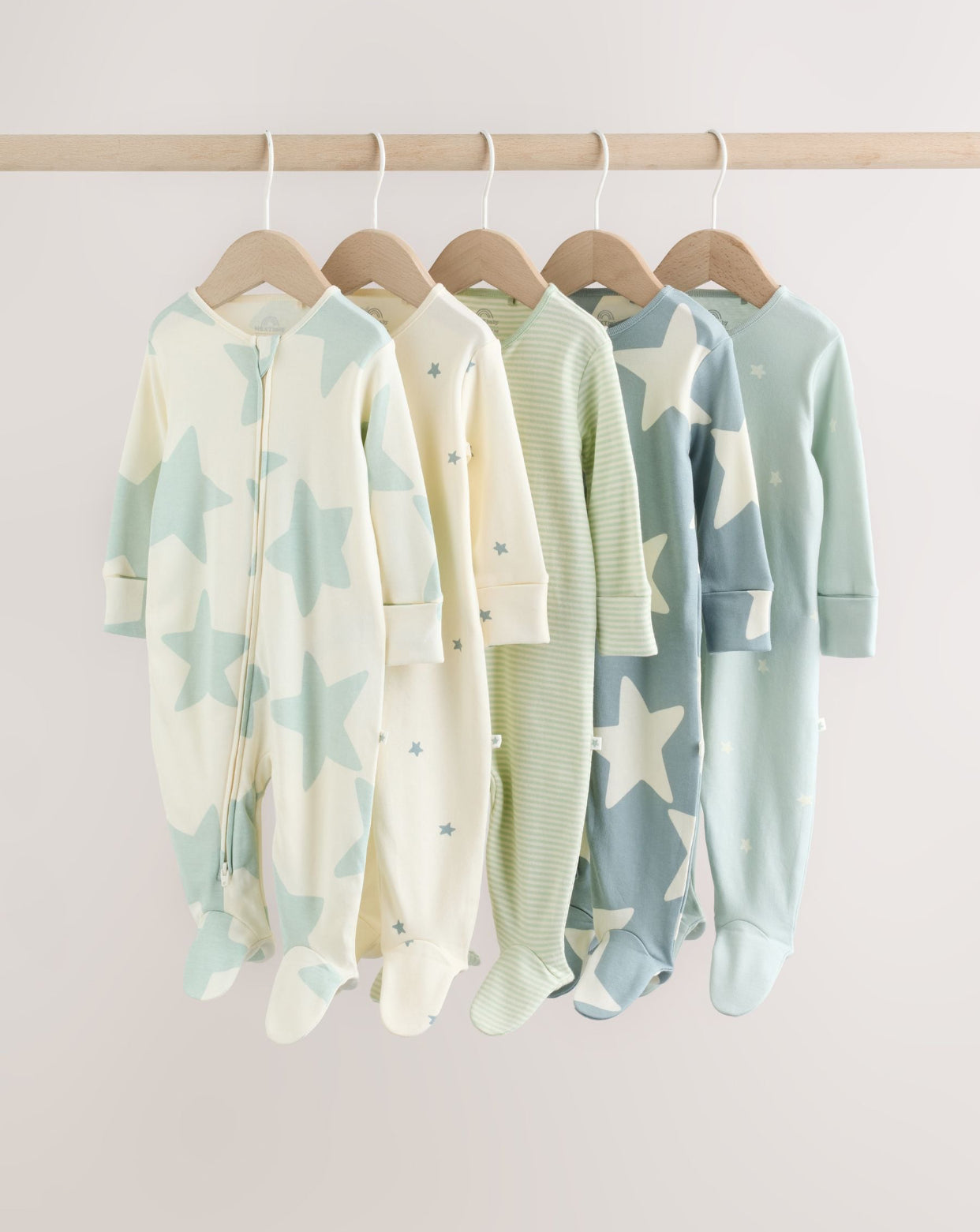 Green Star Two Way Zip Baby Sleepsuits 5 Pack