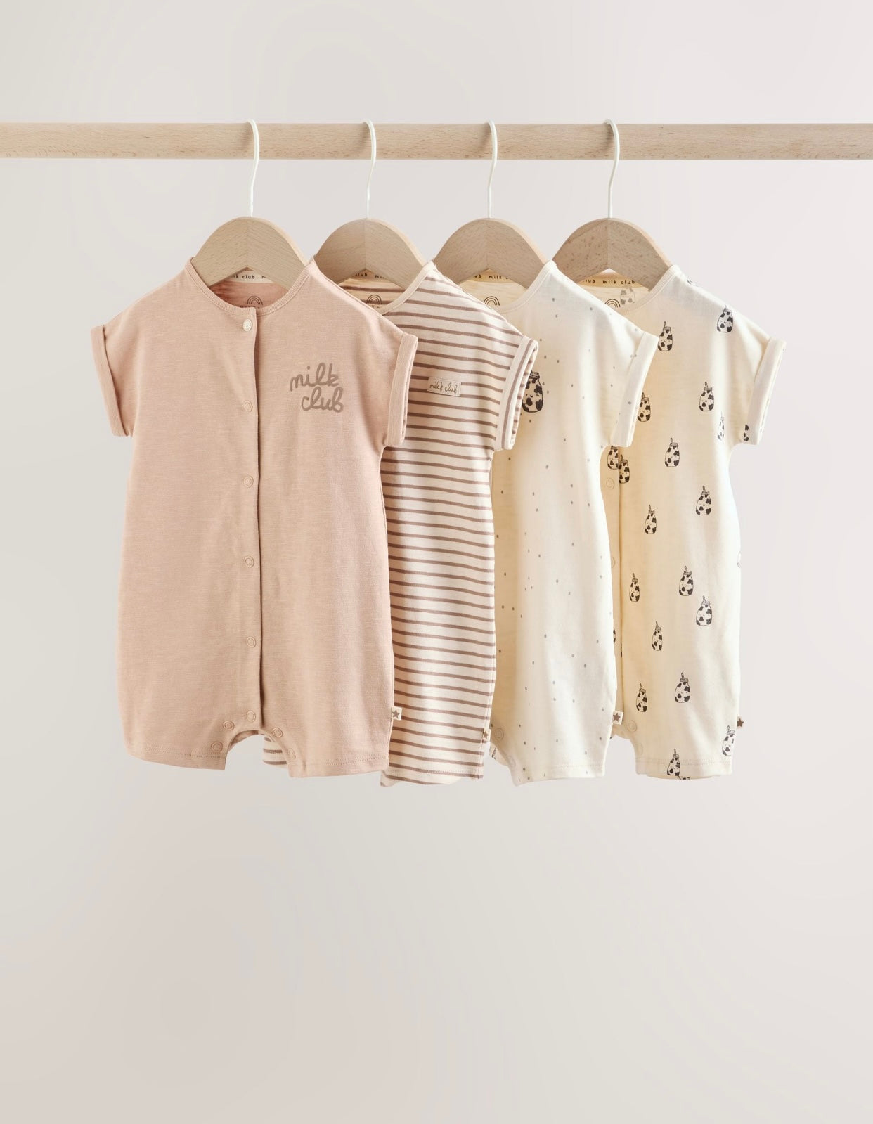 Neutral "Milk Club" Embroidered Baby Jersey Rompers 4 Pack