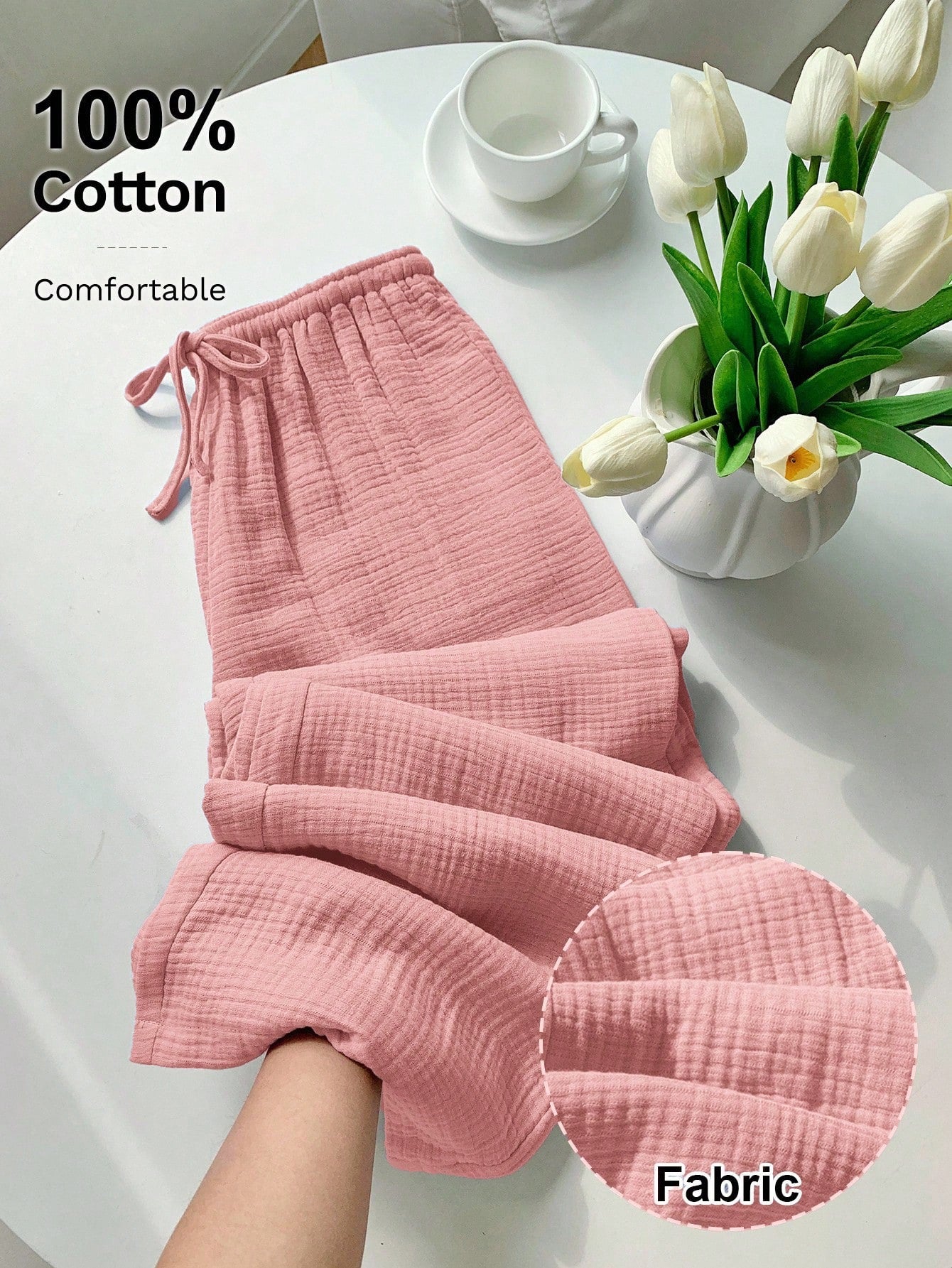 [100% Cotton] Women's Printed Drawstring Wide Leg Loose Pants