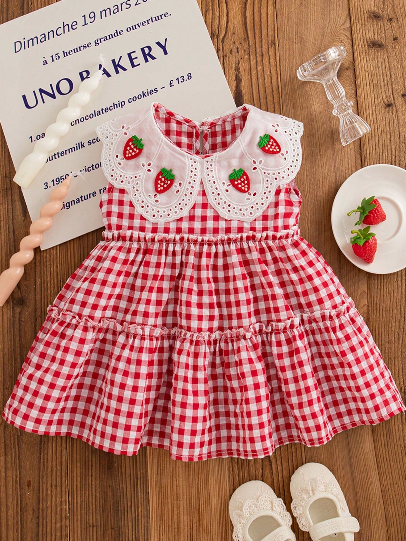 Baby Girl Strawberry Ruffle Collar Plaid Dress