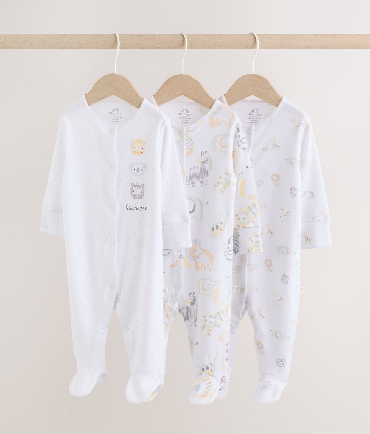 White Safari Baby Sleepsuits 3 Pack