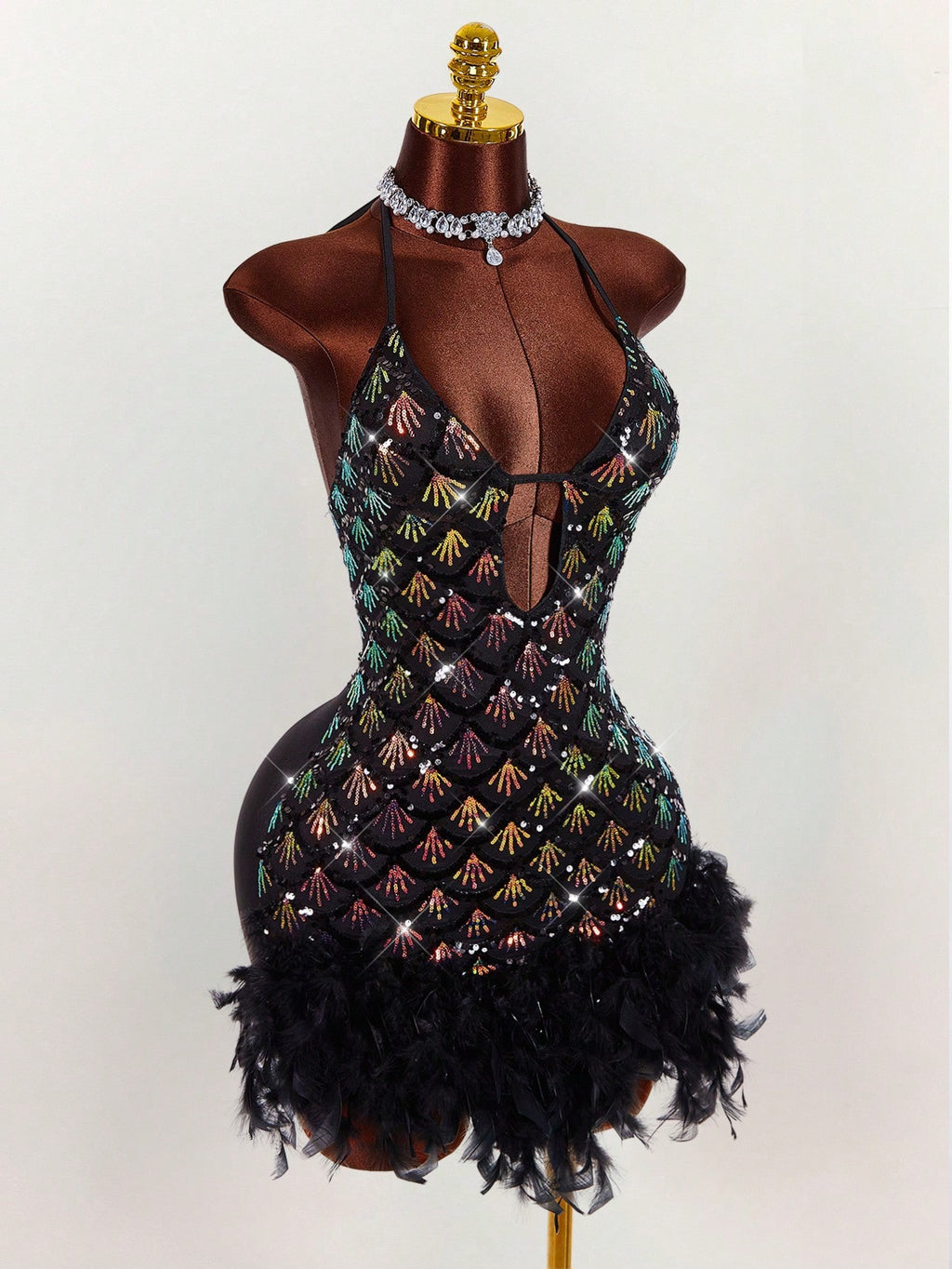 Deep V-Neck Halter Sequin & Furry Patchwork Bodycon Mini Dress
