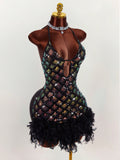 Deep V-Neck Halter Sequin & Furry Patchwork Bodycon Mini Dress