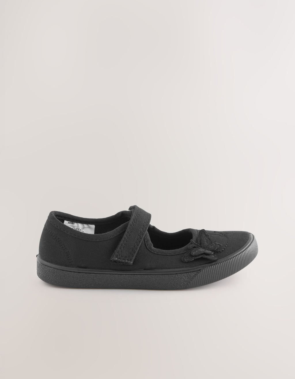 Black Standard Fit (F) Butterfly Embroidered School Plimsoll Shoes
