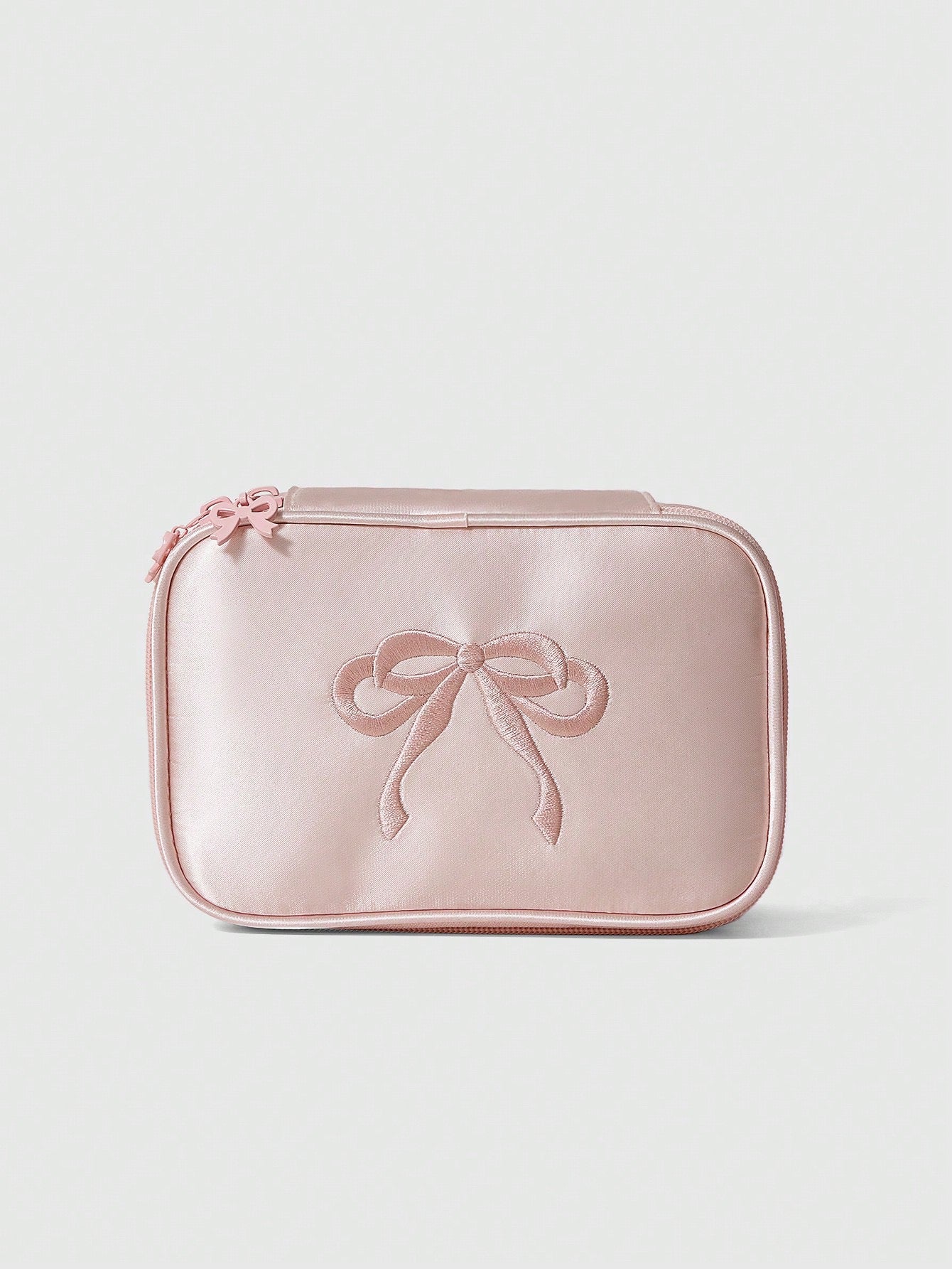Satin Fabric Embroidered Bow Makeup Bag (immediate)