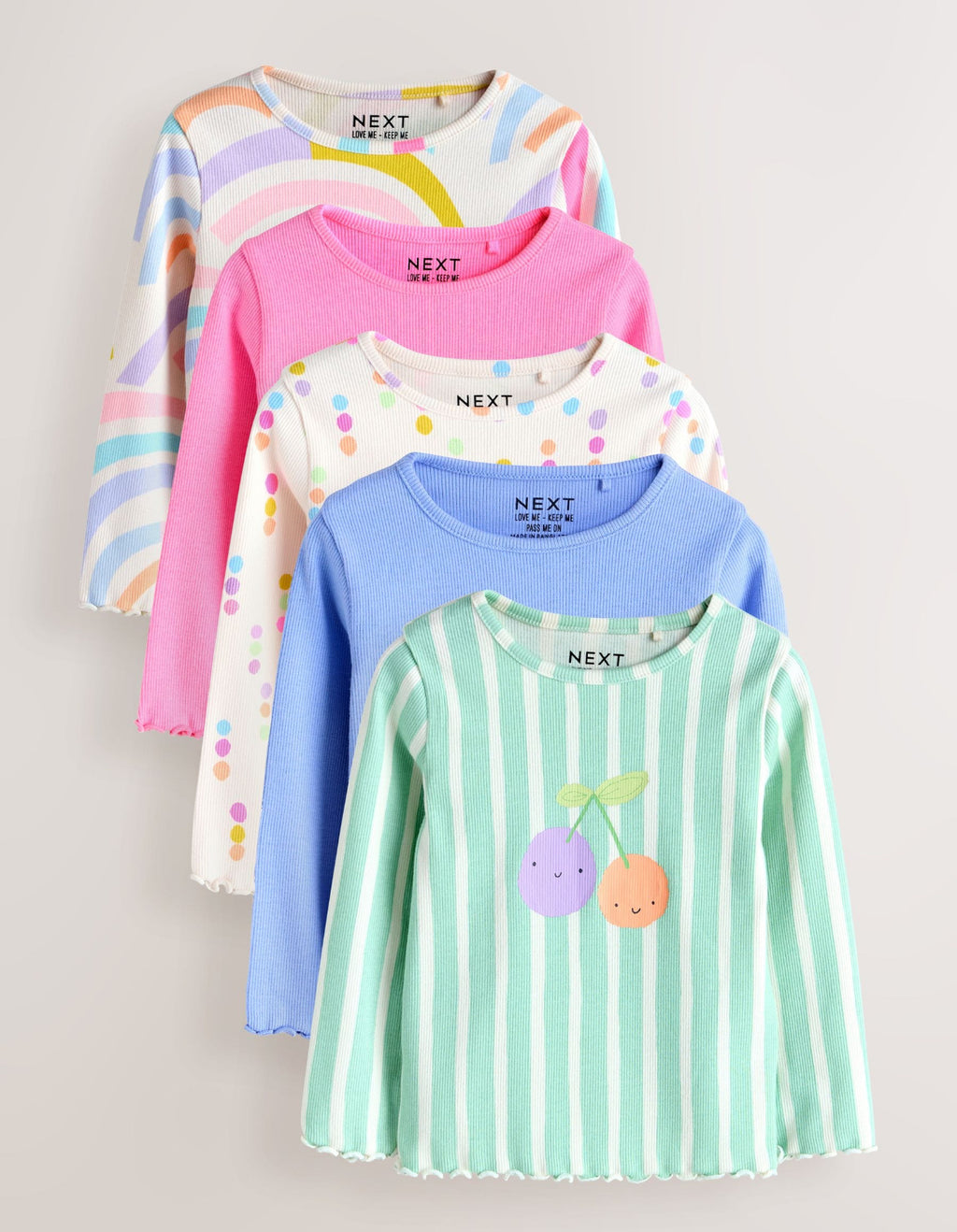 Pastel Rainbow Long Sleeve Ribbed Tops 5 Pack