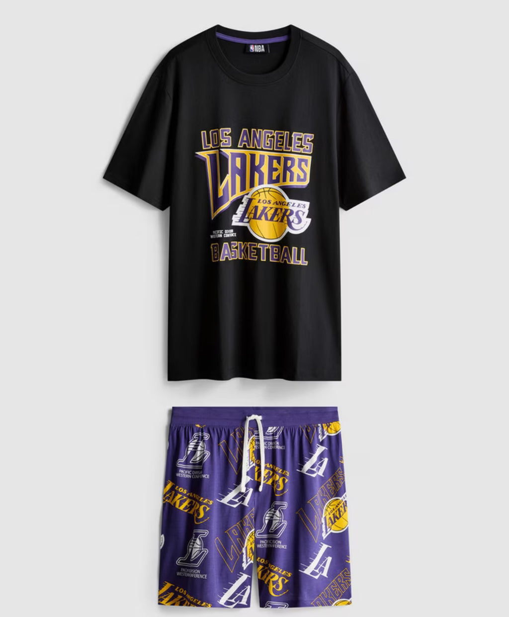 A pair of NBA pyjamas with shorts and a tee