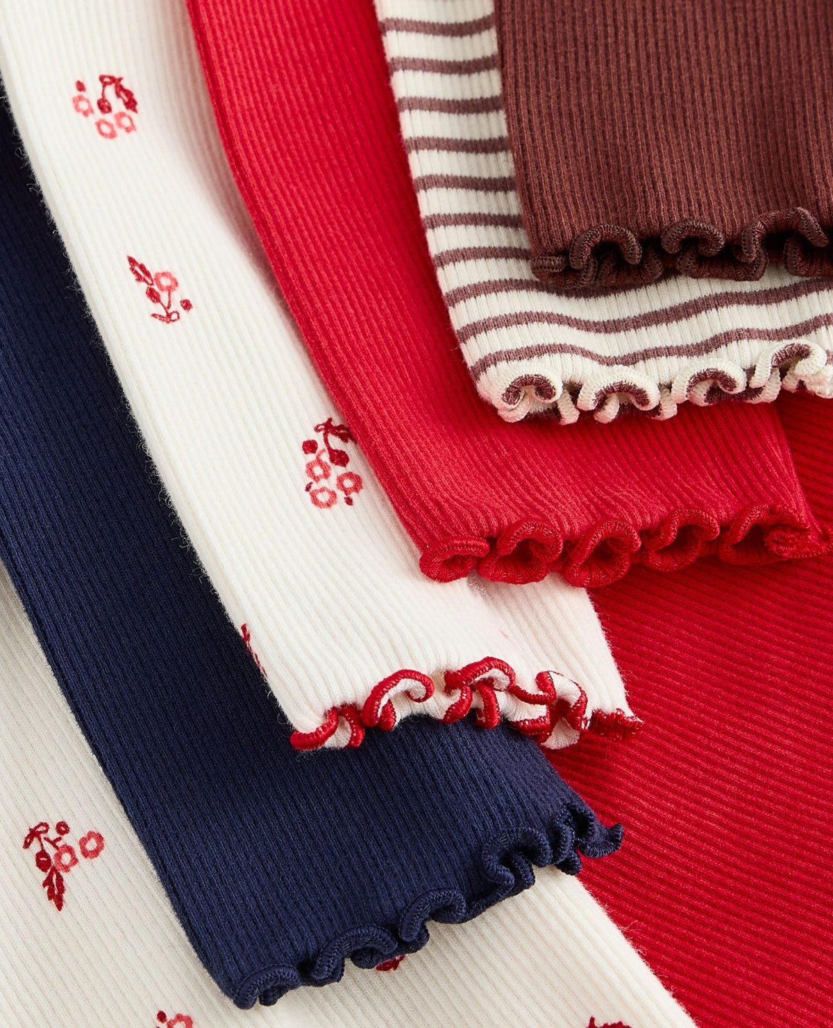 Red/Brown/Navy Long Sleeve Ribbed Tops 5 Pack