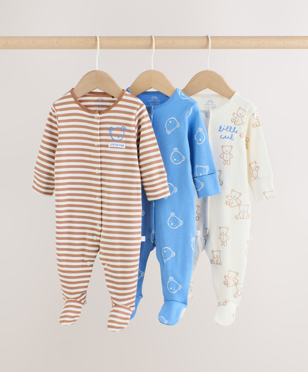 Blue/Ecru Bear Baby Sleepsuits 3 Pack (0-2yrs)