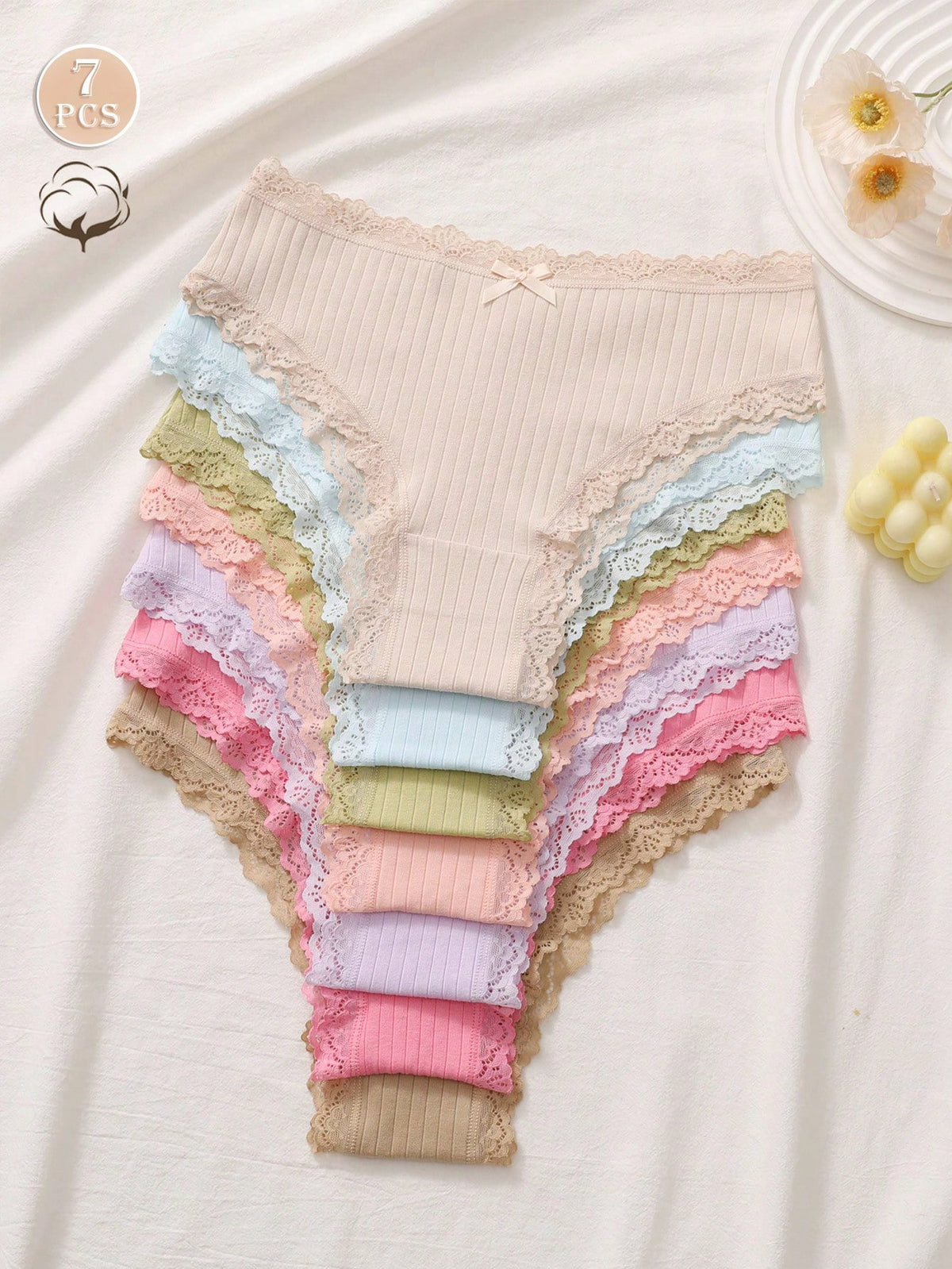 7pcs/Pack Women's Floral Contrast Color Lace Trim Panties