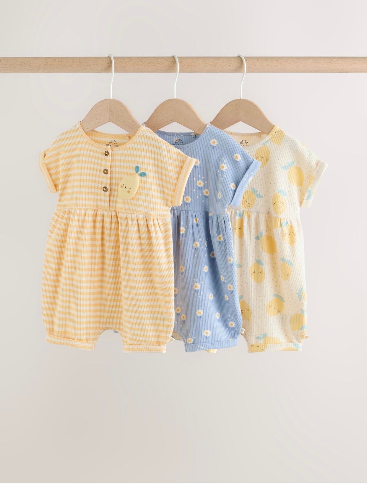 Blue and Lemon Printed Button T Shirt Jersey 3 Pack Baby Rompers