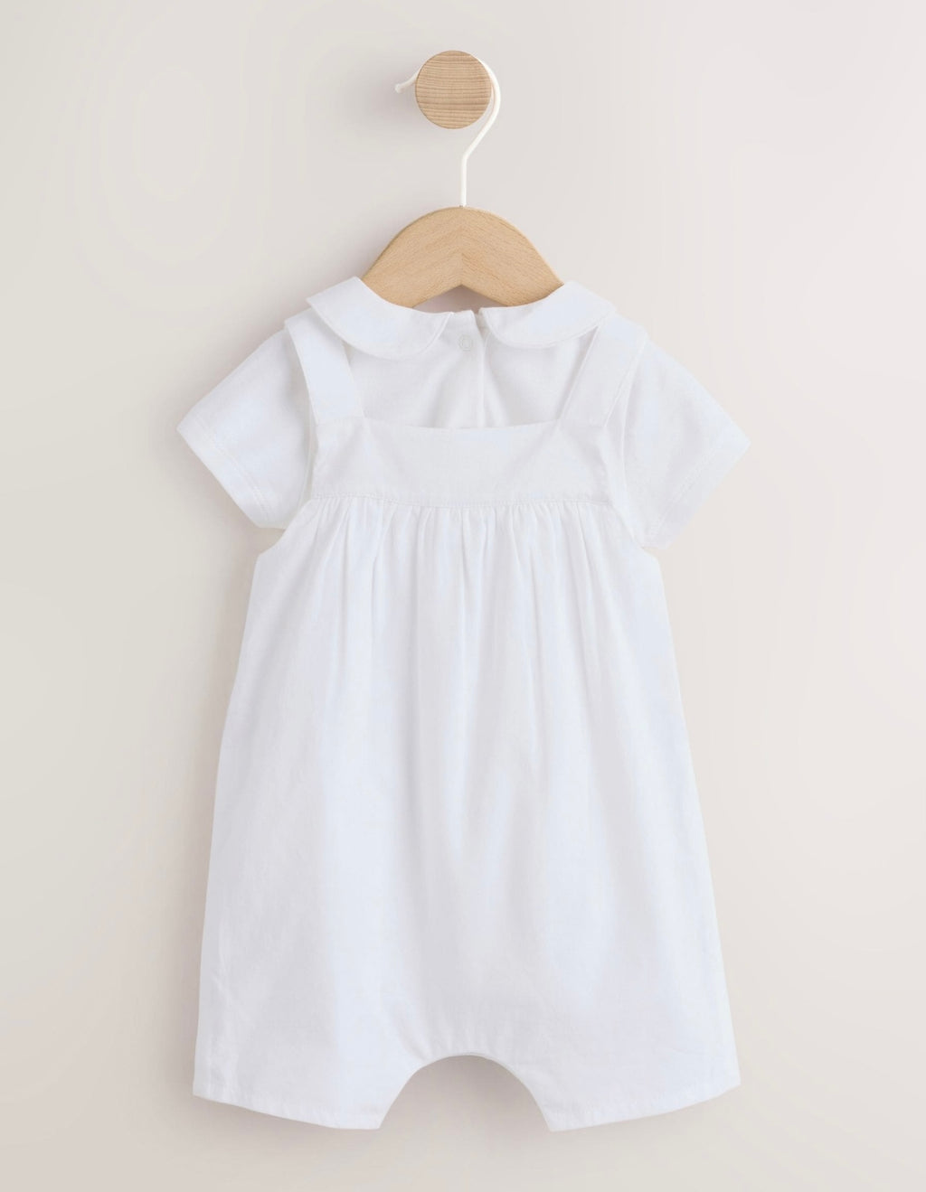 White Embroidered Bear Woven Dungaree and Bodysuit Baby Set (Omt..