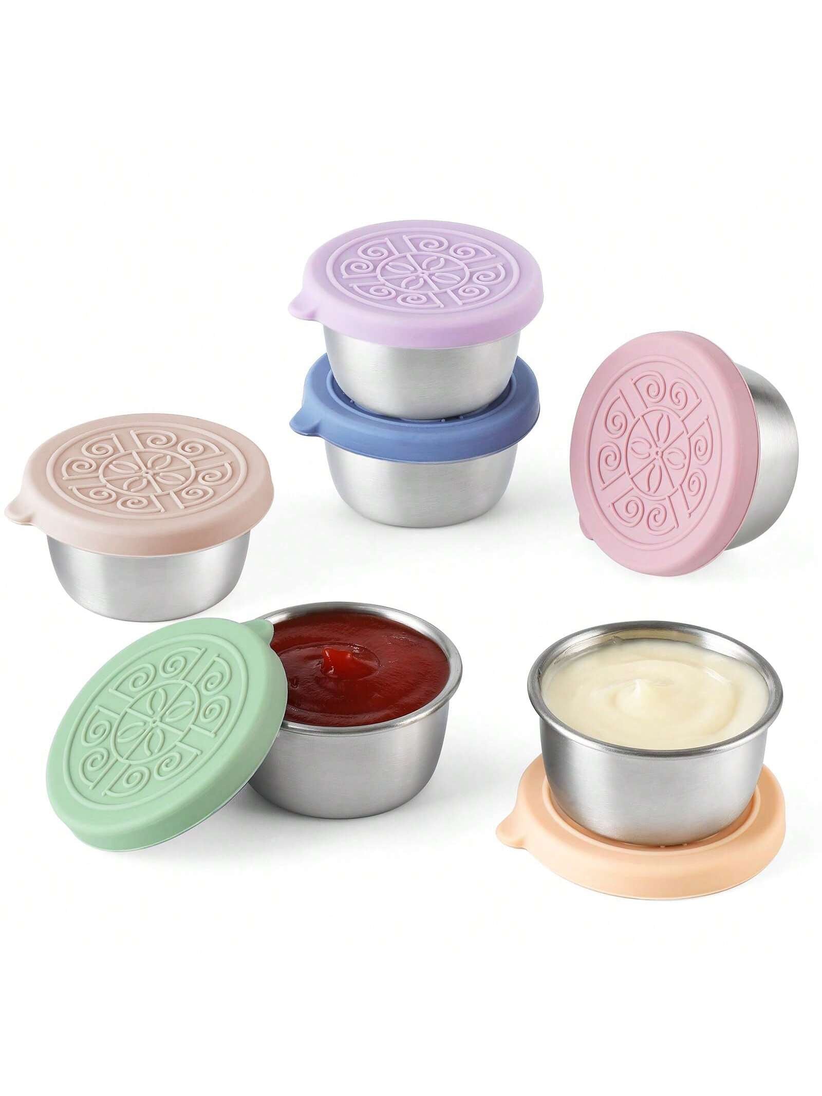 3 Packs Containers, 1.6 Oz Small Stainless Steel Sauce Cups With Leakproof Silicone Lids (Random Color)-(immediate)