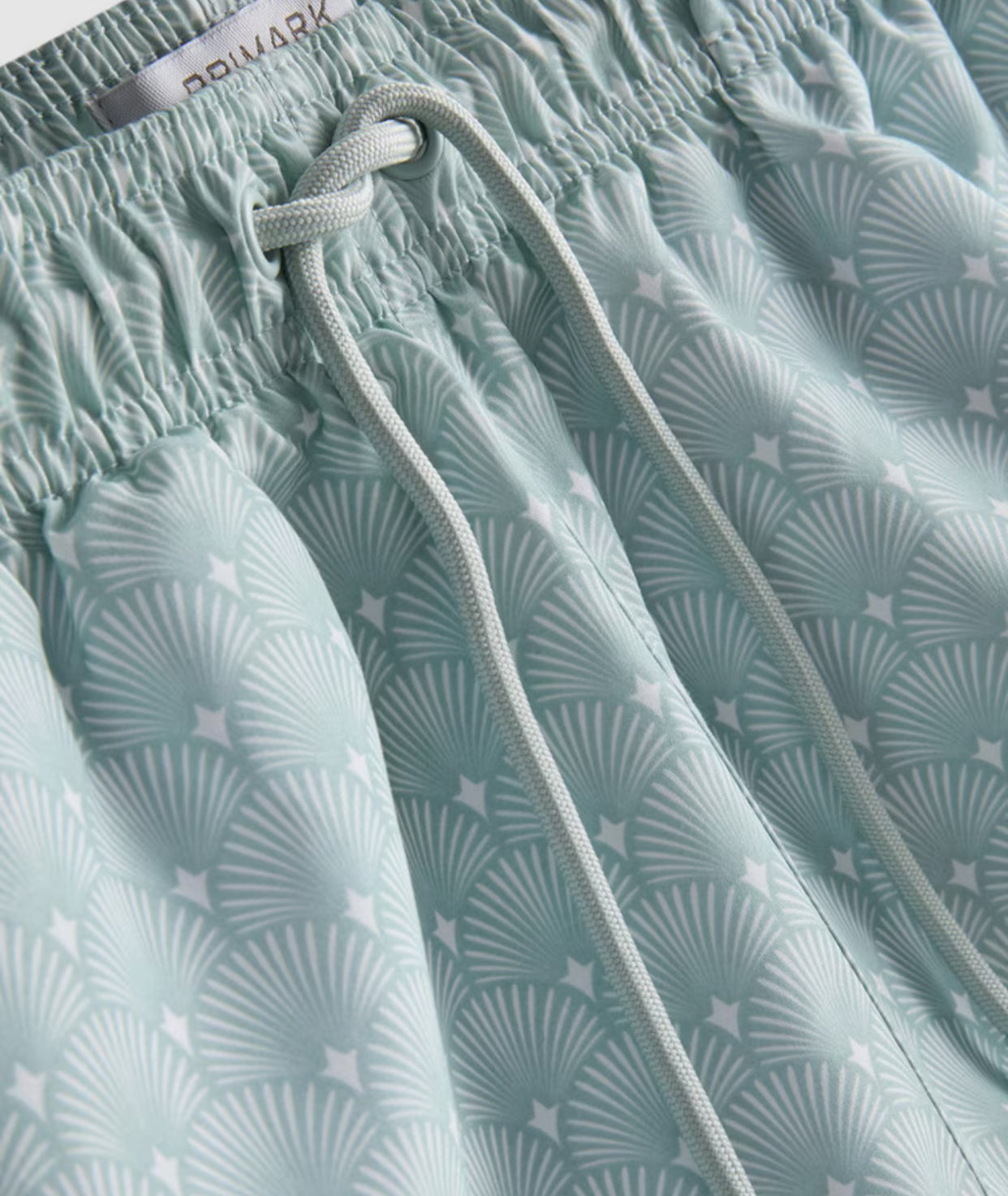 A pair of swimming shorts with mesh inner lining, drawstring waistline, and geometric fan design