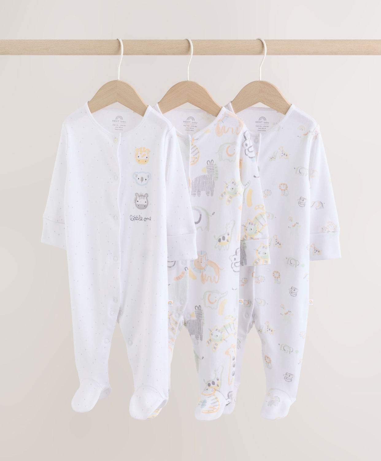 White Safari Baby Sleepsuits 3 Pack