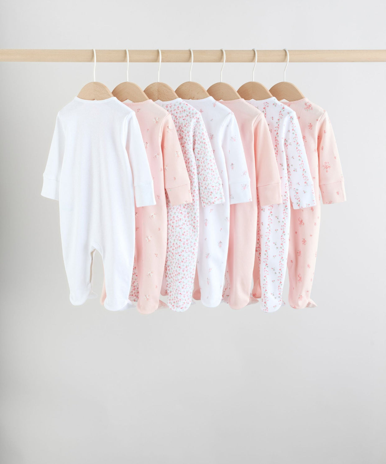White/Pink 7 Pack Baby Sleepsuit