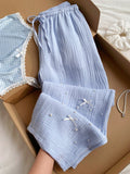 [100% Cotton] Women's Printed Drawstring Wide Leg Loose Pants