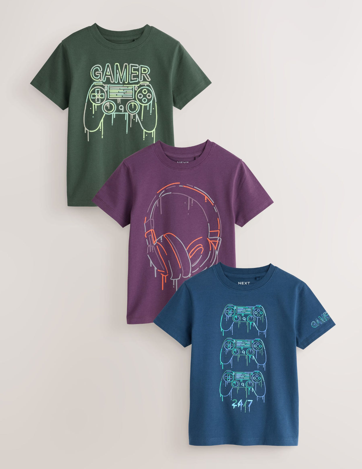 Blue/Green/Purple Regular Fit Graphic Print Short Sleeve T-Shirts...
