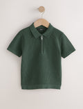 Dark Green Knitted Zip Neck Polo Shirt