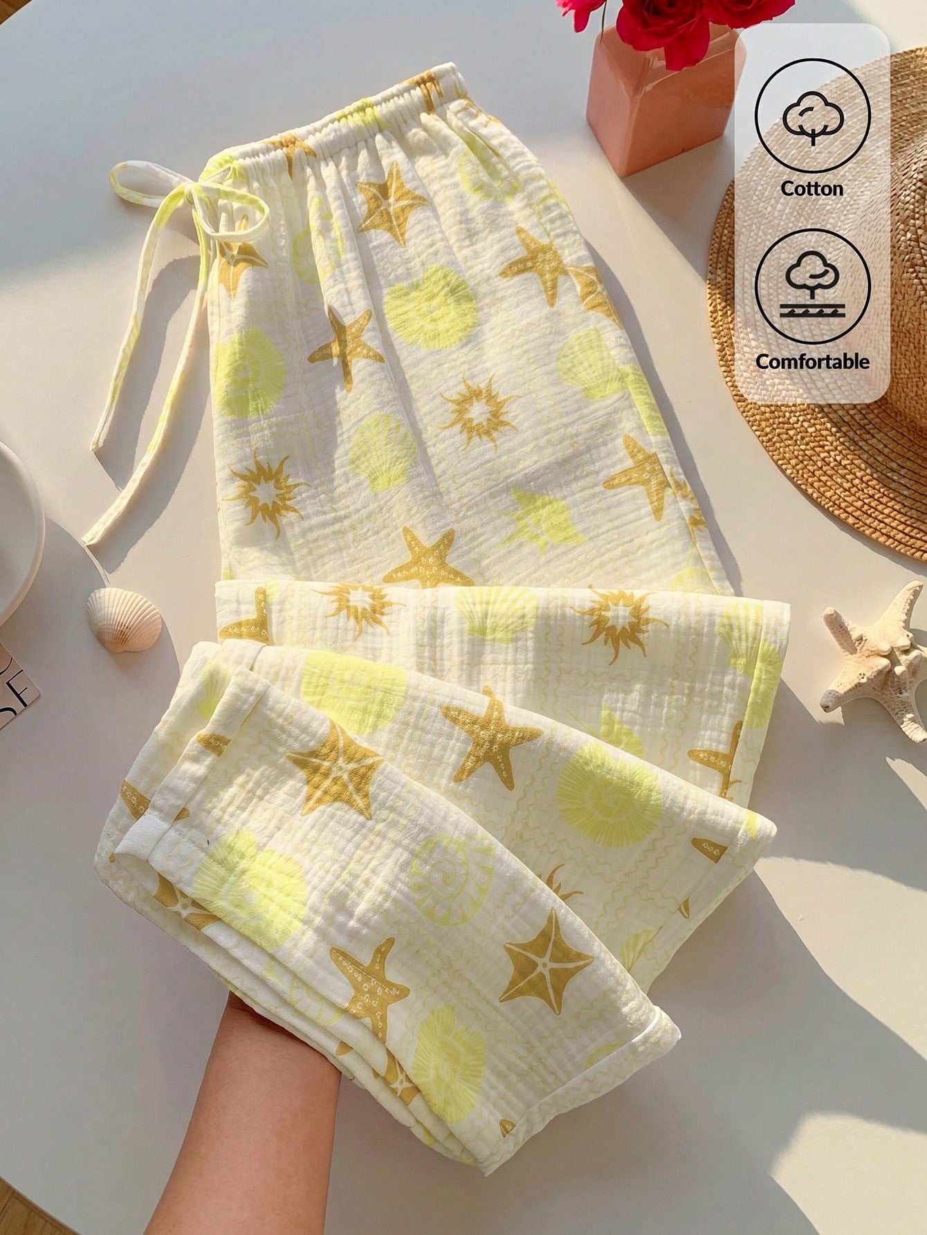 [100% Cotton] Women's Printed Drawstring Wide Leg Loose Pants