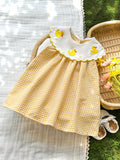 Baby Girl Sleeveless Yellow Plaid Short Dress With Duck Embroidery Ruffle Round Neck