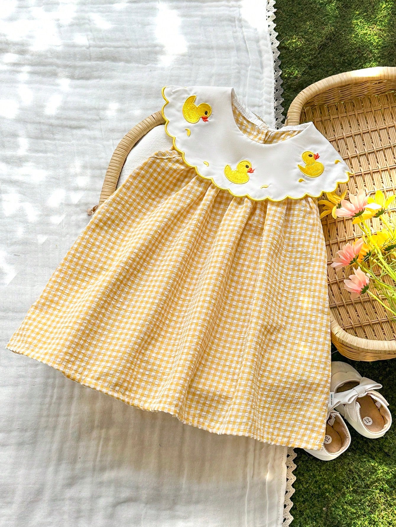 Baby Girl Sleeveless Yellow Plaid Short Dress With Duck Embroidery Ruffle Round Neck