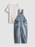 Ribbed T-Shirt and Barrel Leg Denim Dungarees Set