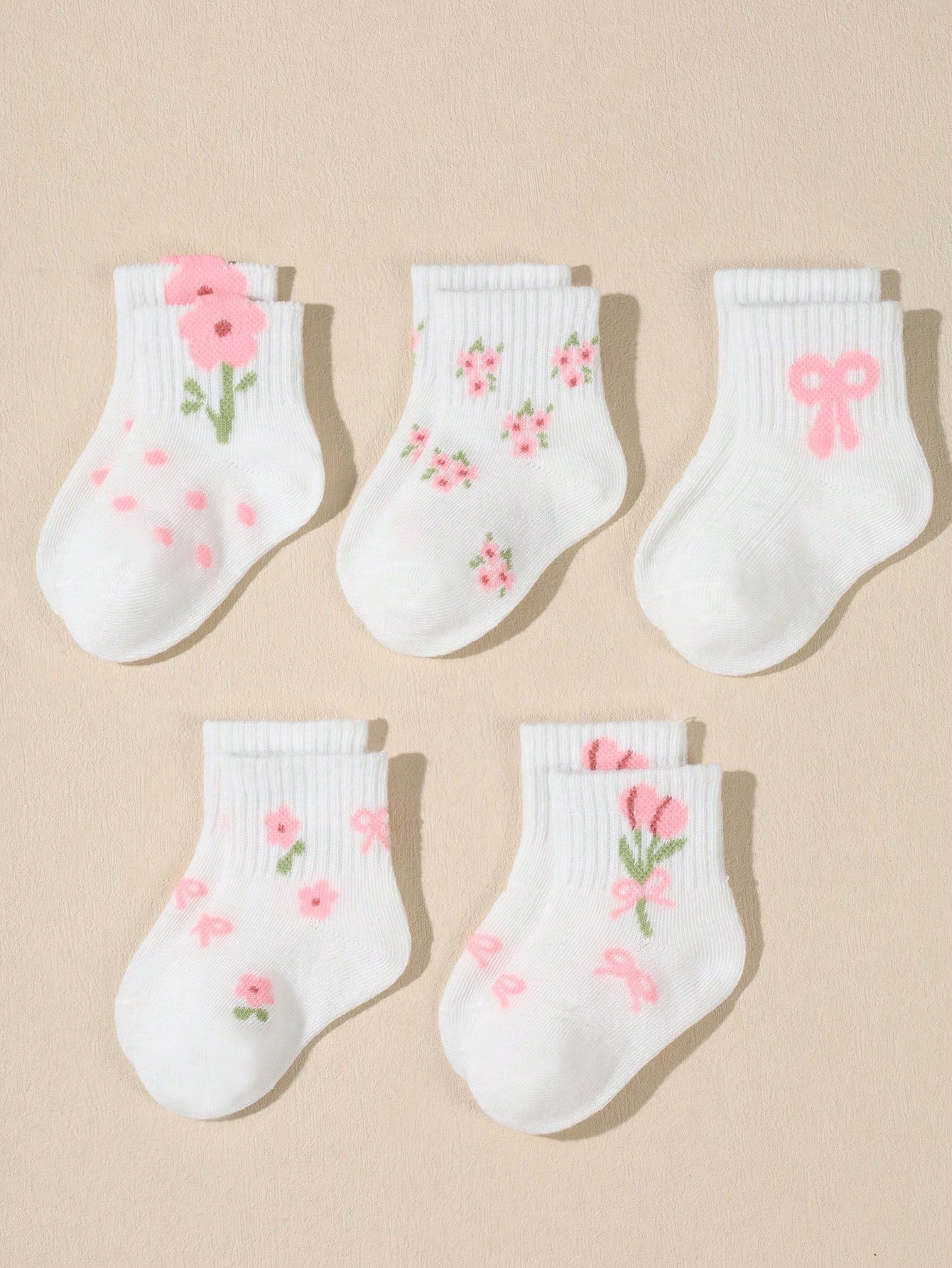 5 Pairs Baby Bow, Polka Dot, Lace Mid-Calf Elastic Socks (immediate)
