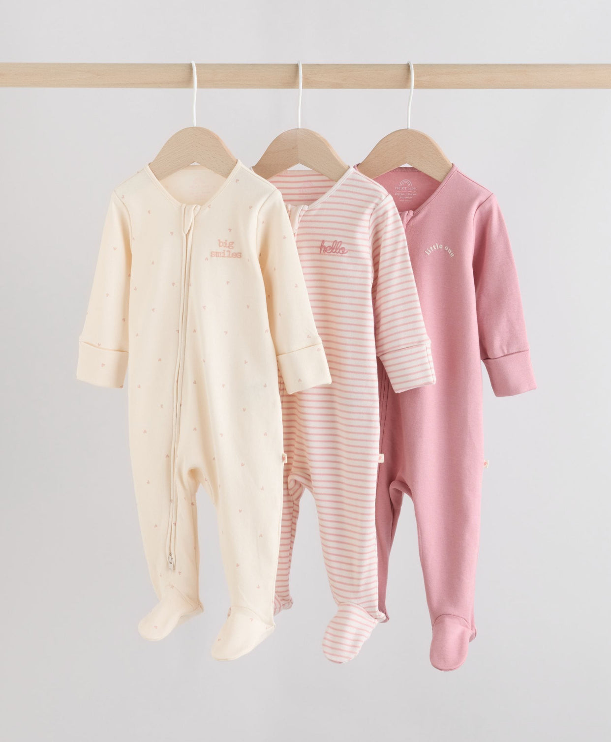 Pink Heart Two Way Zip Baby Sleepsuits 3 Pack