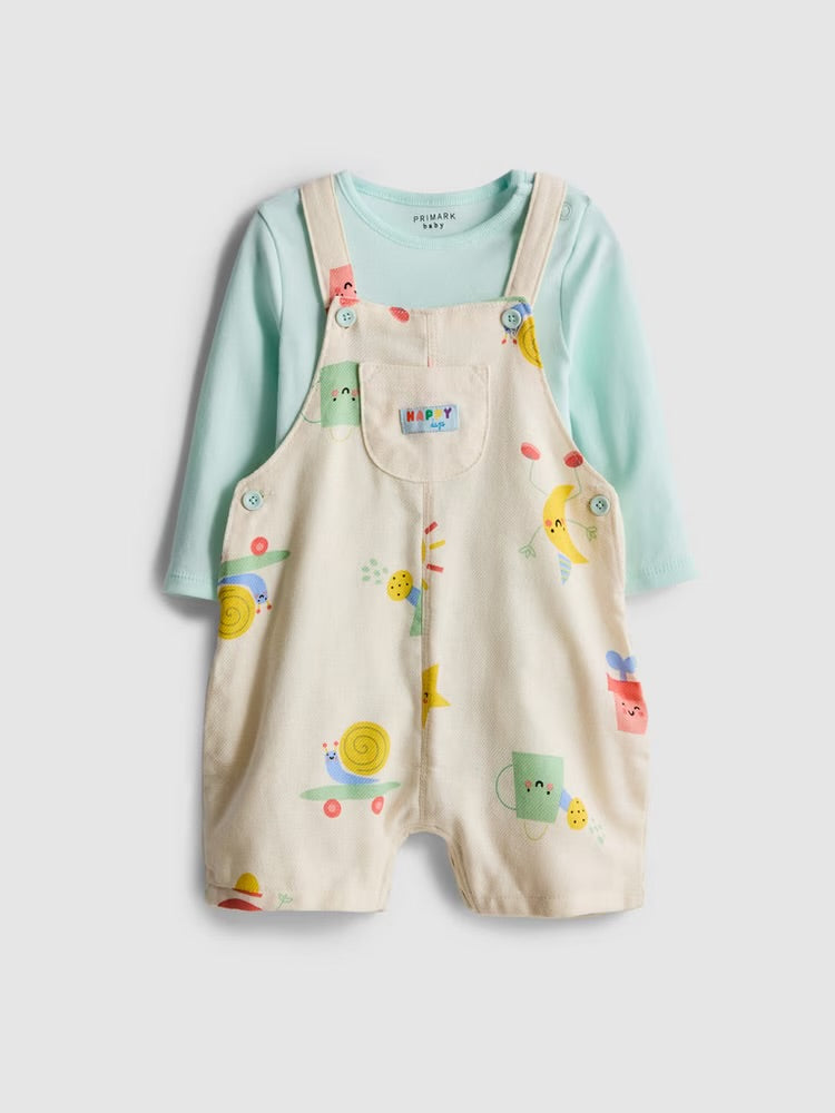 Long Sleeve Bodysuit and Printed Dungarees Newborn Set