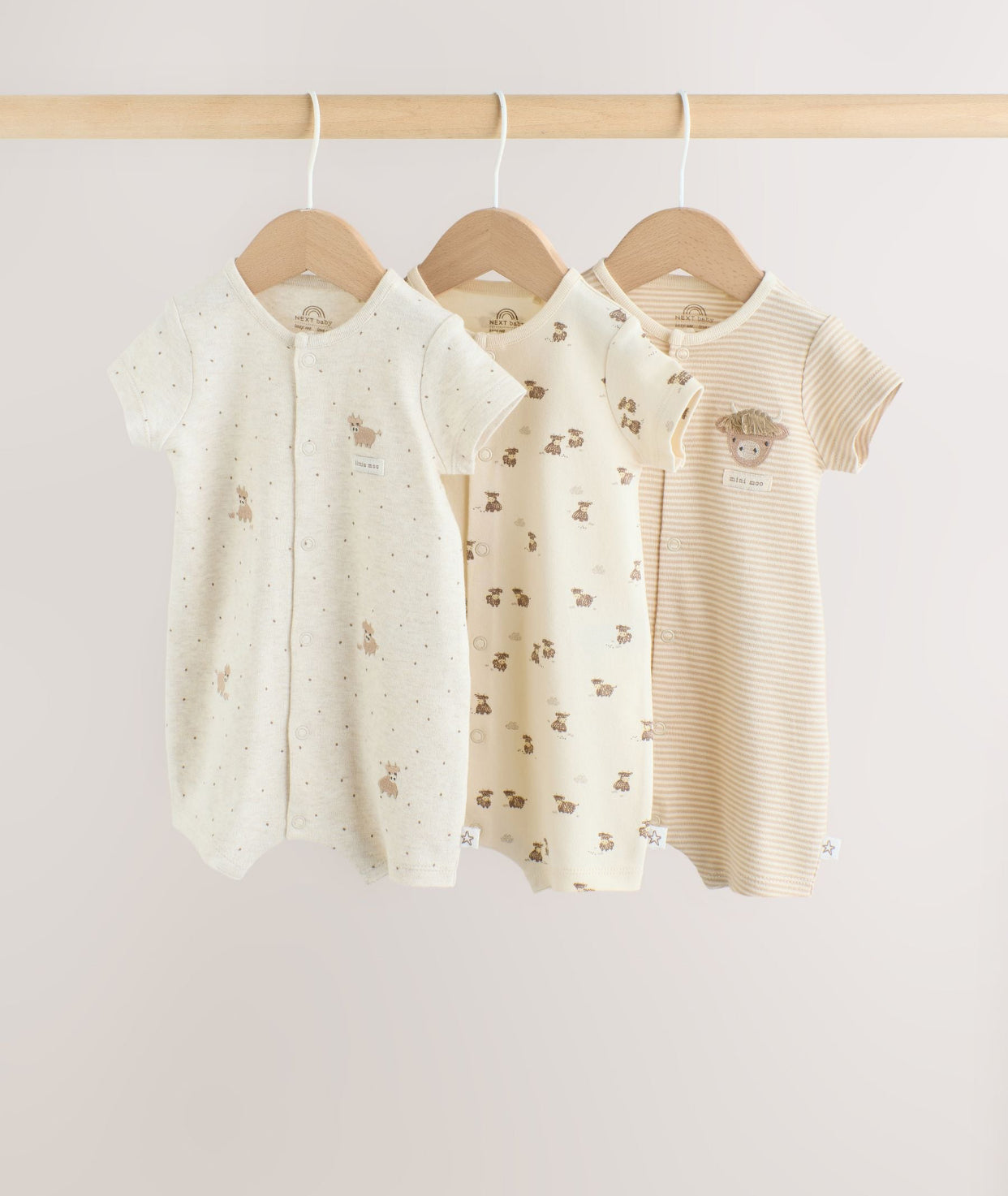 Neutral Hamish Highland Cow Jersey Baby Rompers 3 Pack