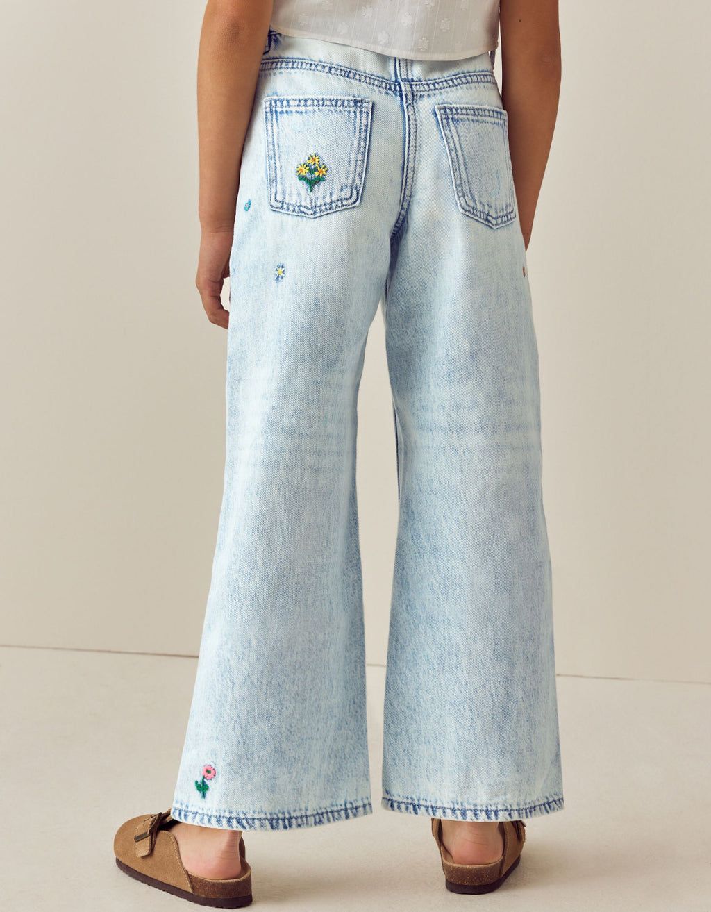 Mid Blue Wide Fit Floral Embroidered Straight Leg Jeans