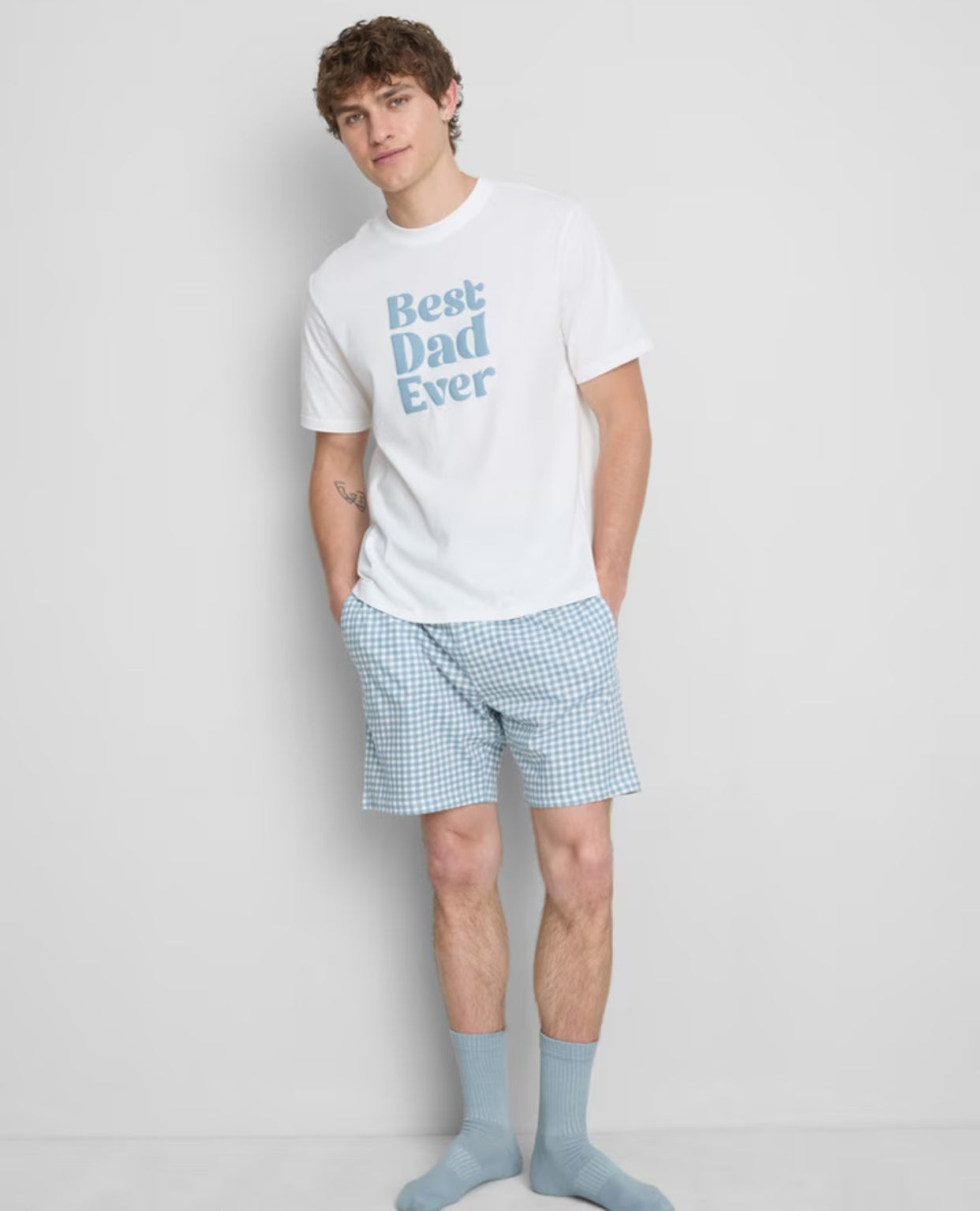 Pyjama set with 'Best Dad' slogan T-shirt and checked shorts