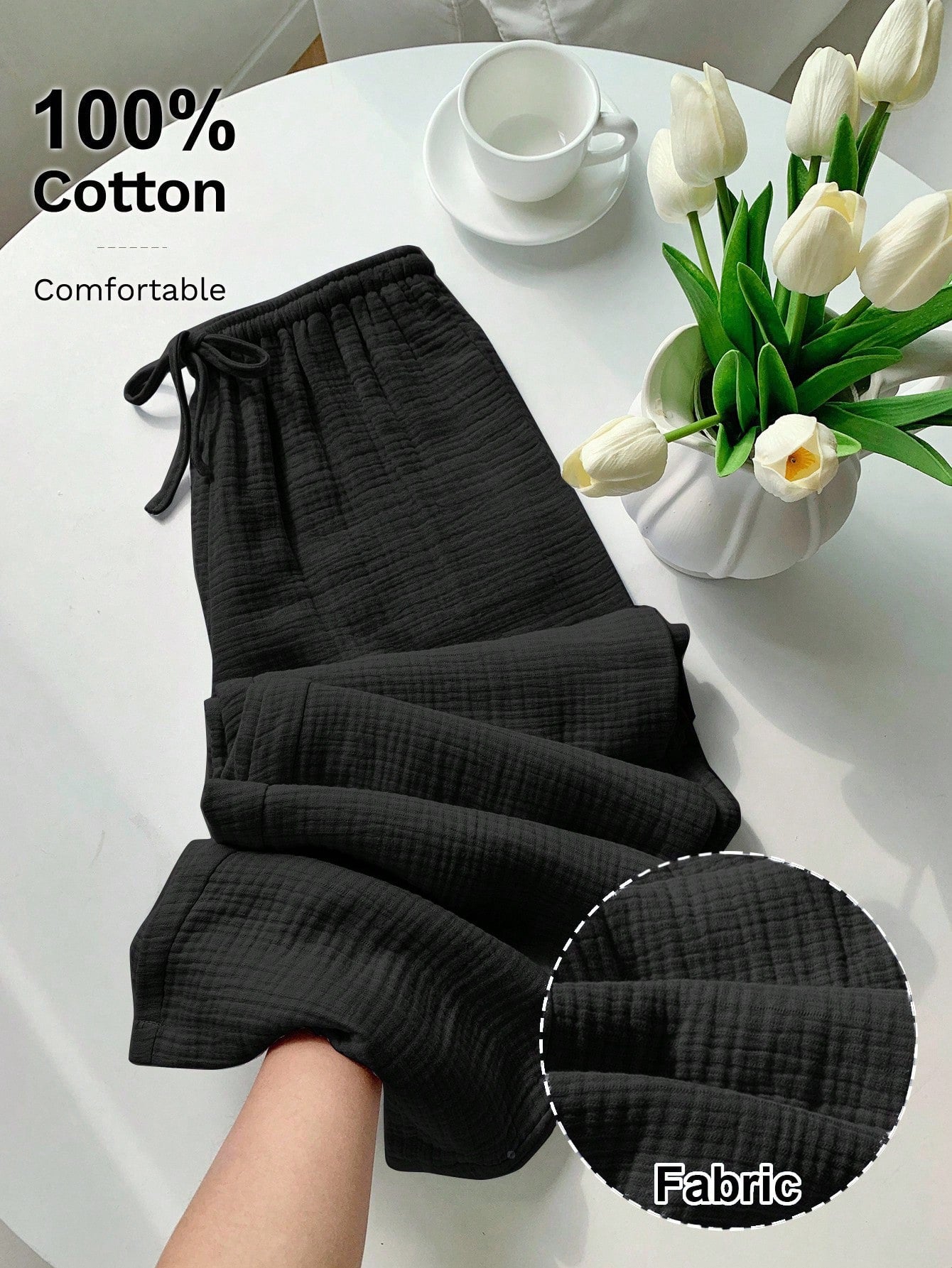 [100% Cotton] Women's Printed Drawstring Wide Leg Loose Pants