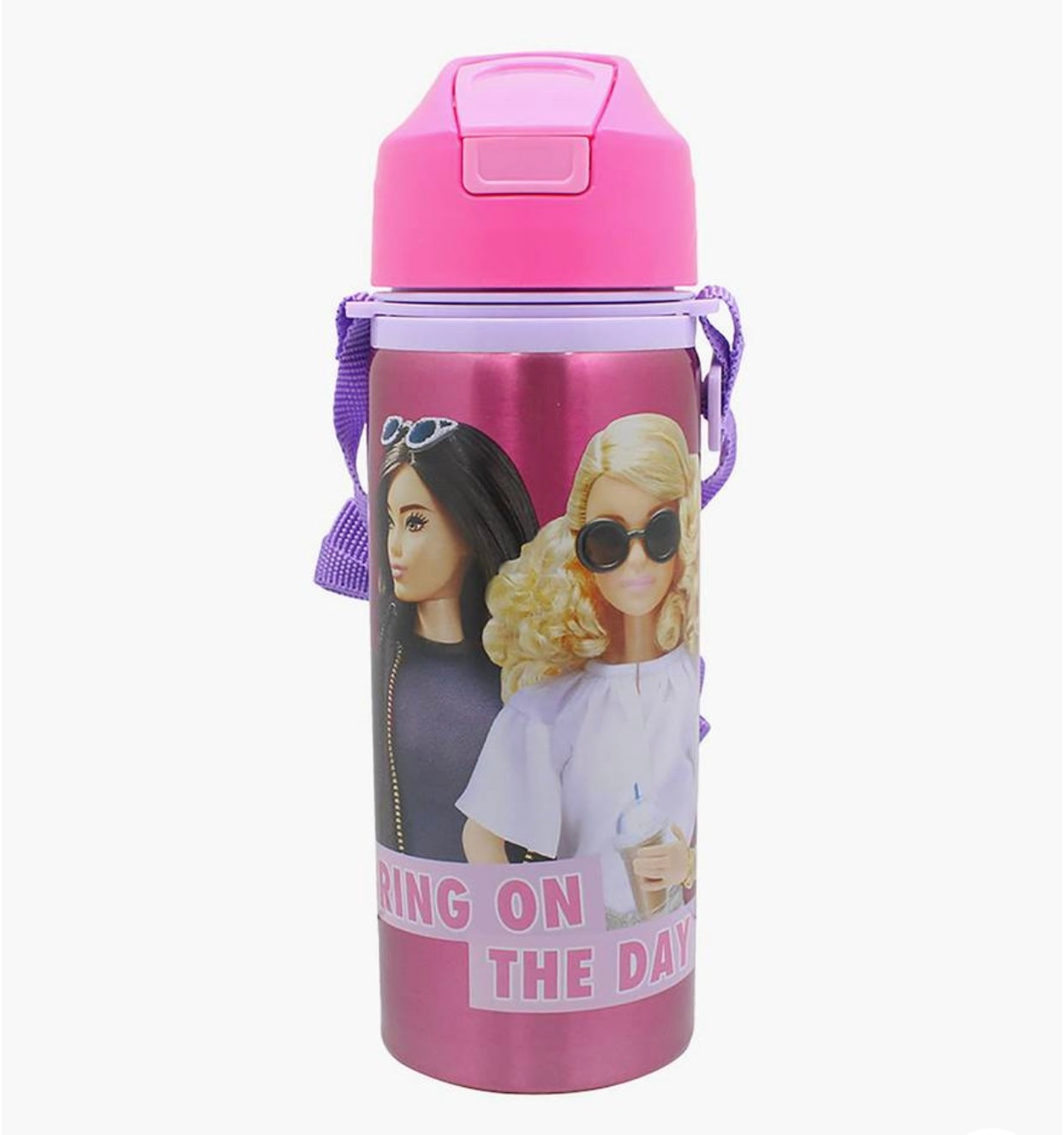 Barbie Printed Pop-Up Stainless Steel Water Bottle with Straw - 600 ml