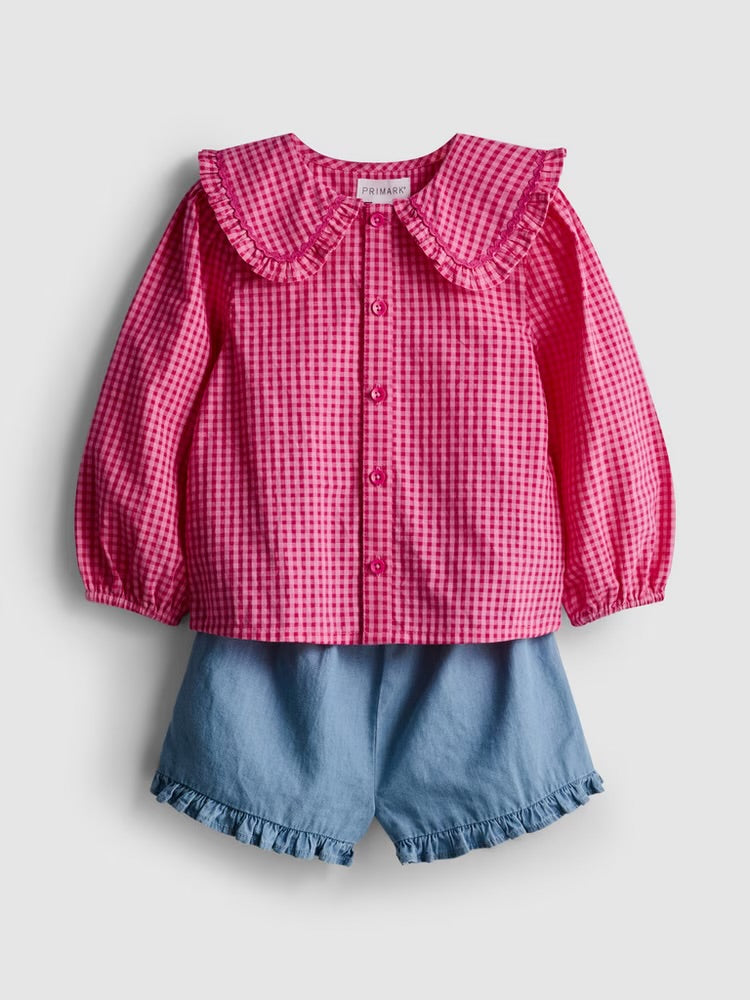 Collared Blouse and Ruffle Shorts Set (immediate)