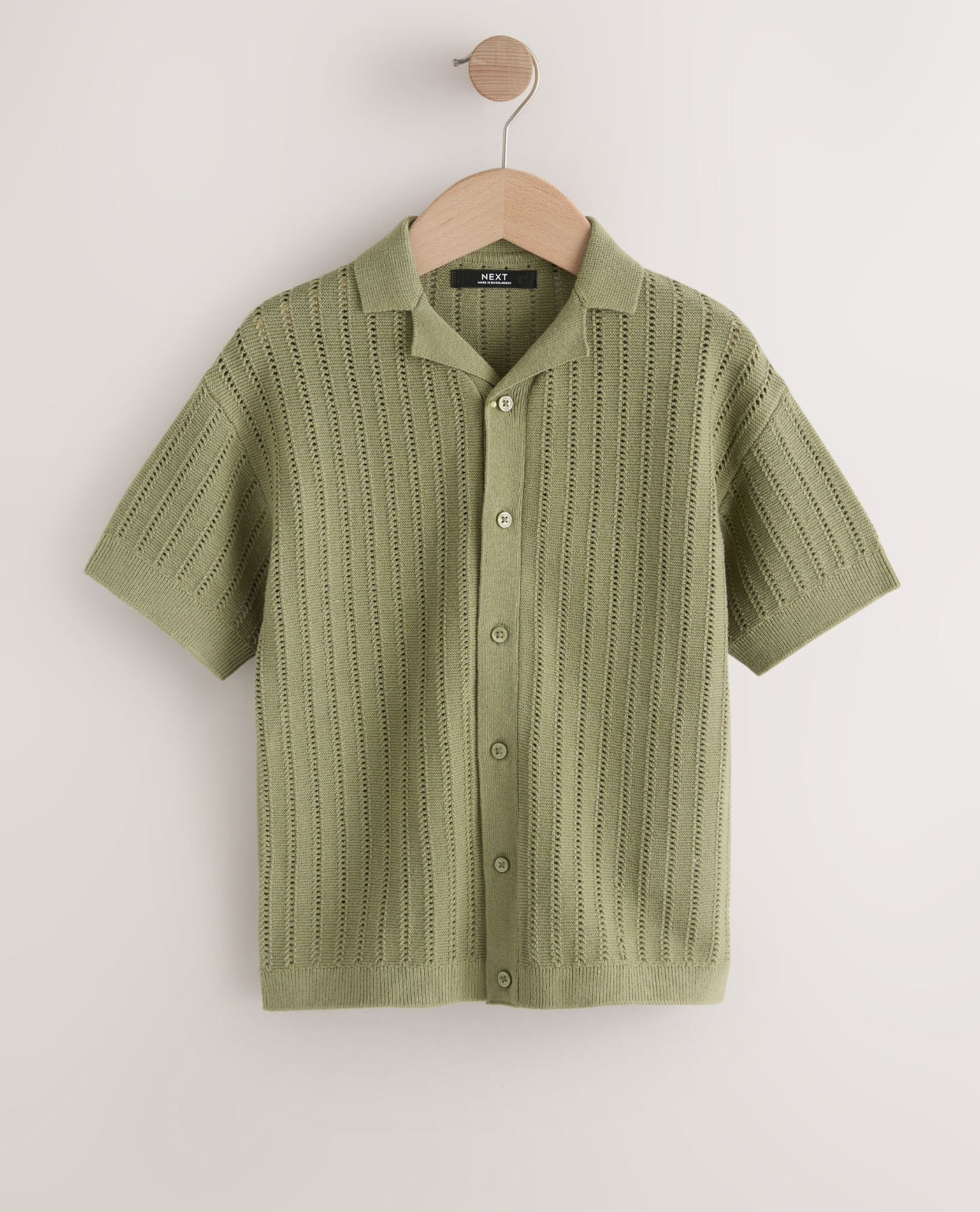 Khaki Green Textured Revere Collar Knitted Polo Shirt