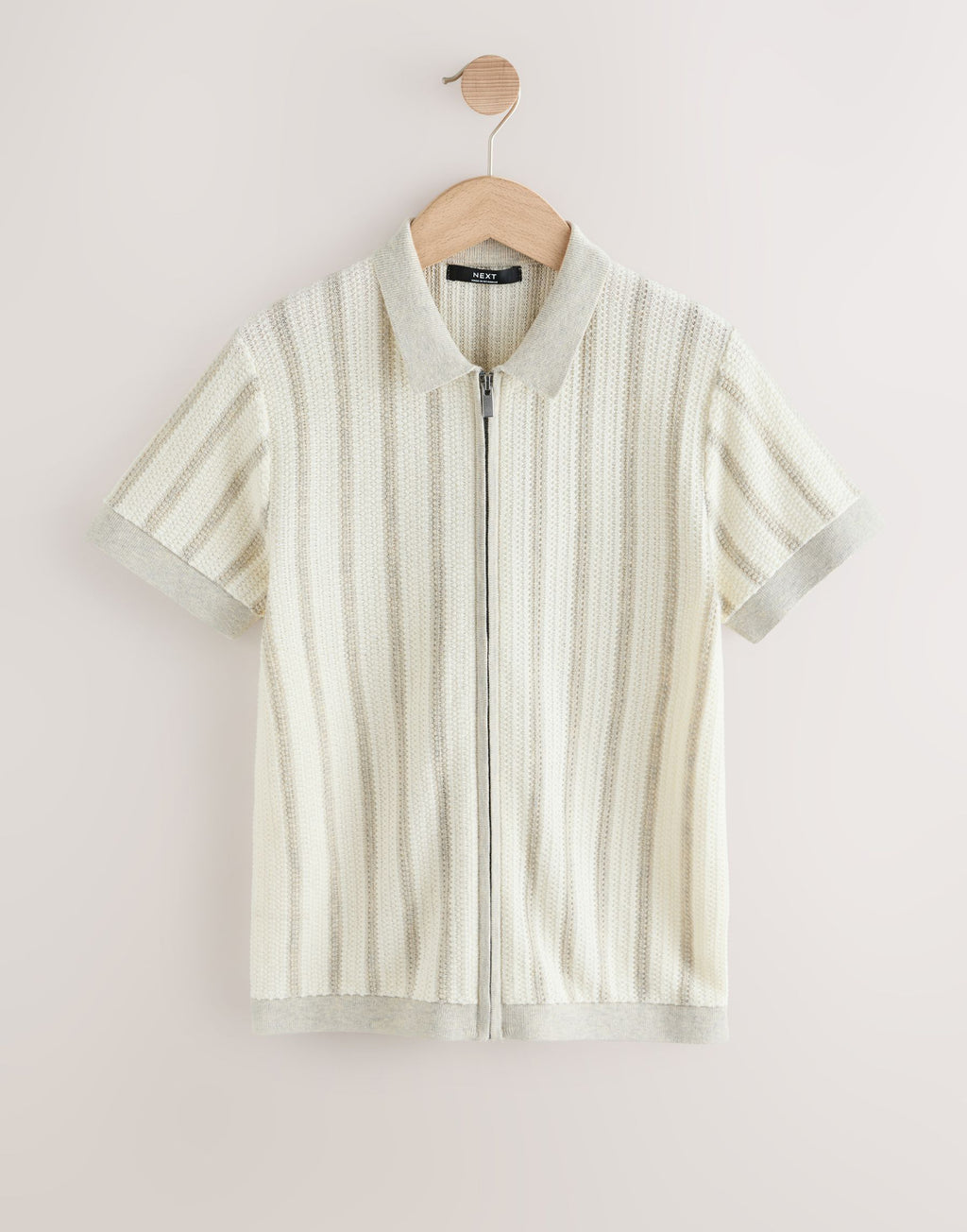 Grey/White Stripe Knitted Zip Through Polo Shirt