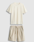 Matching pyjama set with T-shirt and striped drawstring shorts