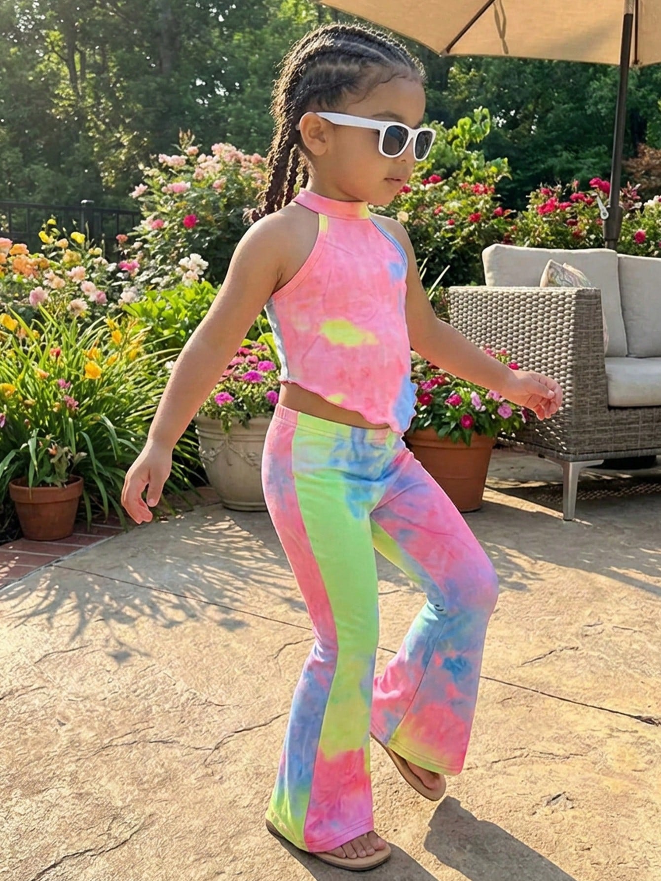 Young Girl 2pcs Set Sleeveless Asymmetrical Tank Top & Flared Pants