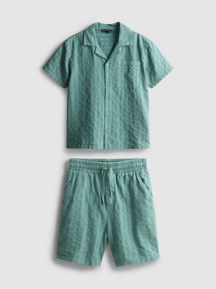 Textured shirt and shorts set with elasticated drawstring waist