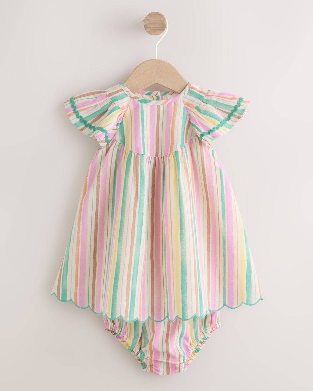 Multi Stripe Woven Baby Dress And Knickers 2 Piece Set